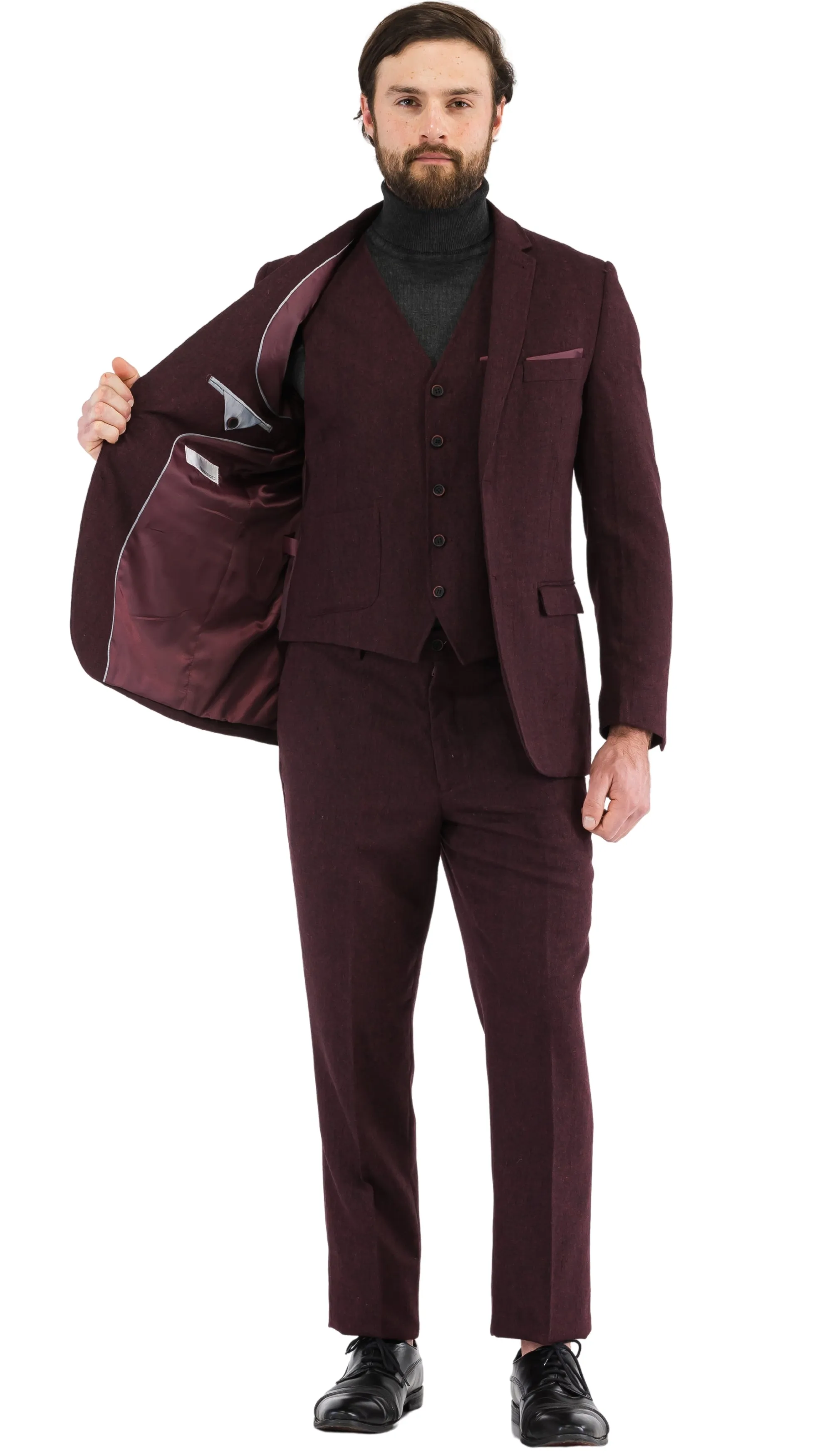 Bradford Burgundy Slim Fit 3 Piece Tweed Suit