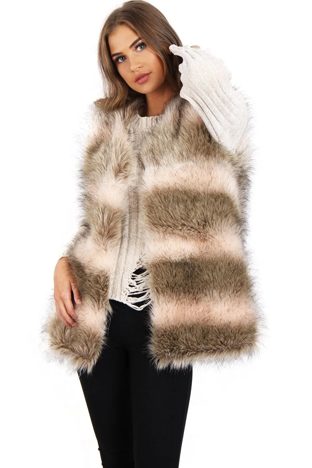 Brown and Pink Stripe Faux Fur Gilet