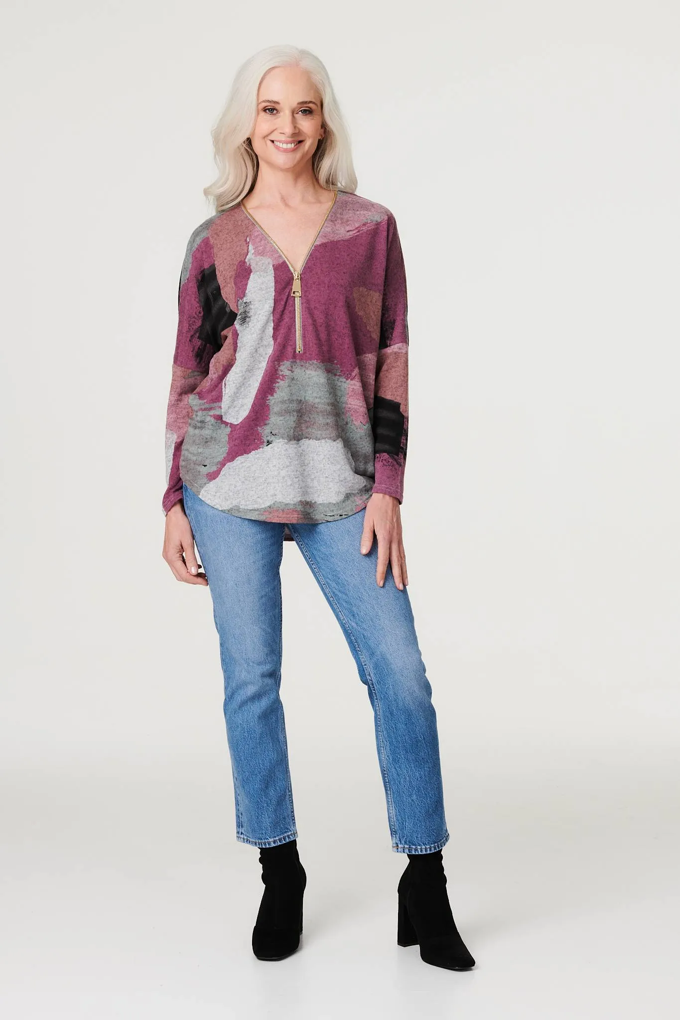 Brushstroke Oversized Zip Front Top