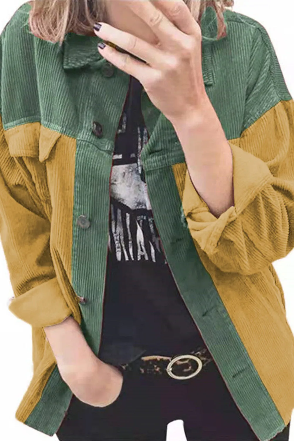 Buttoned Color Block Corduroy Jacket