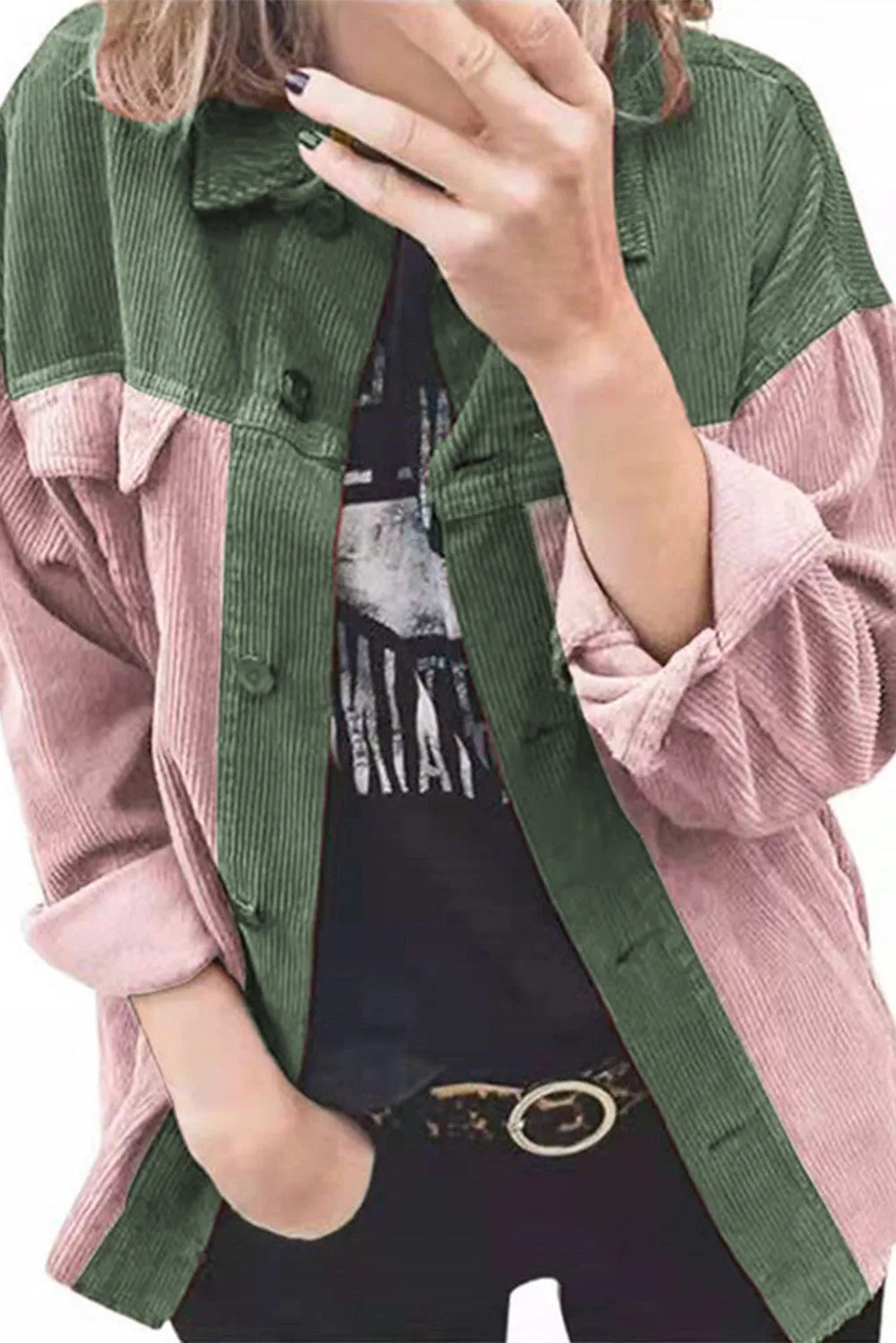 Buttoned Color Block Corduroy Jacket