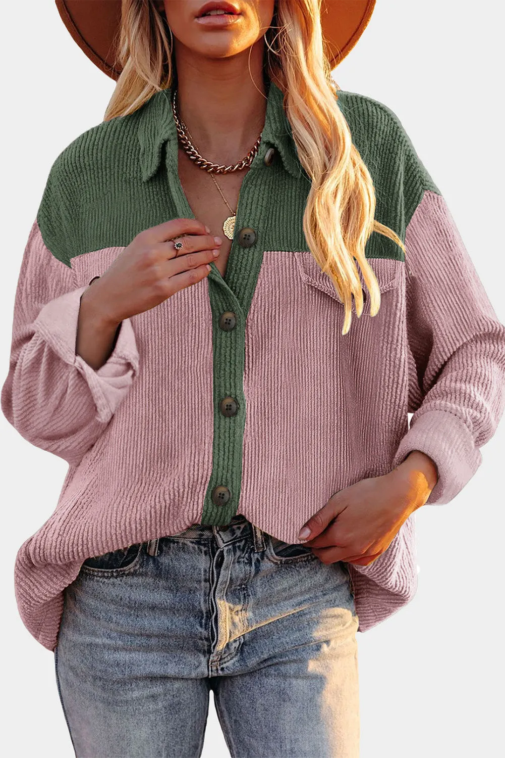 Buttoned Color Block Corduroy Jacket