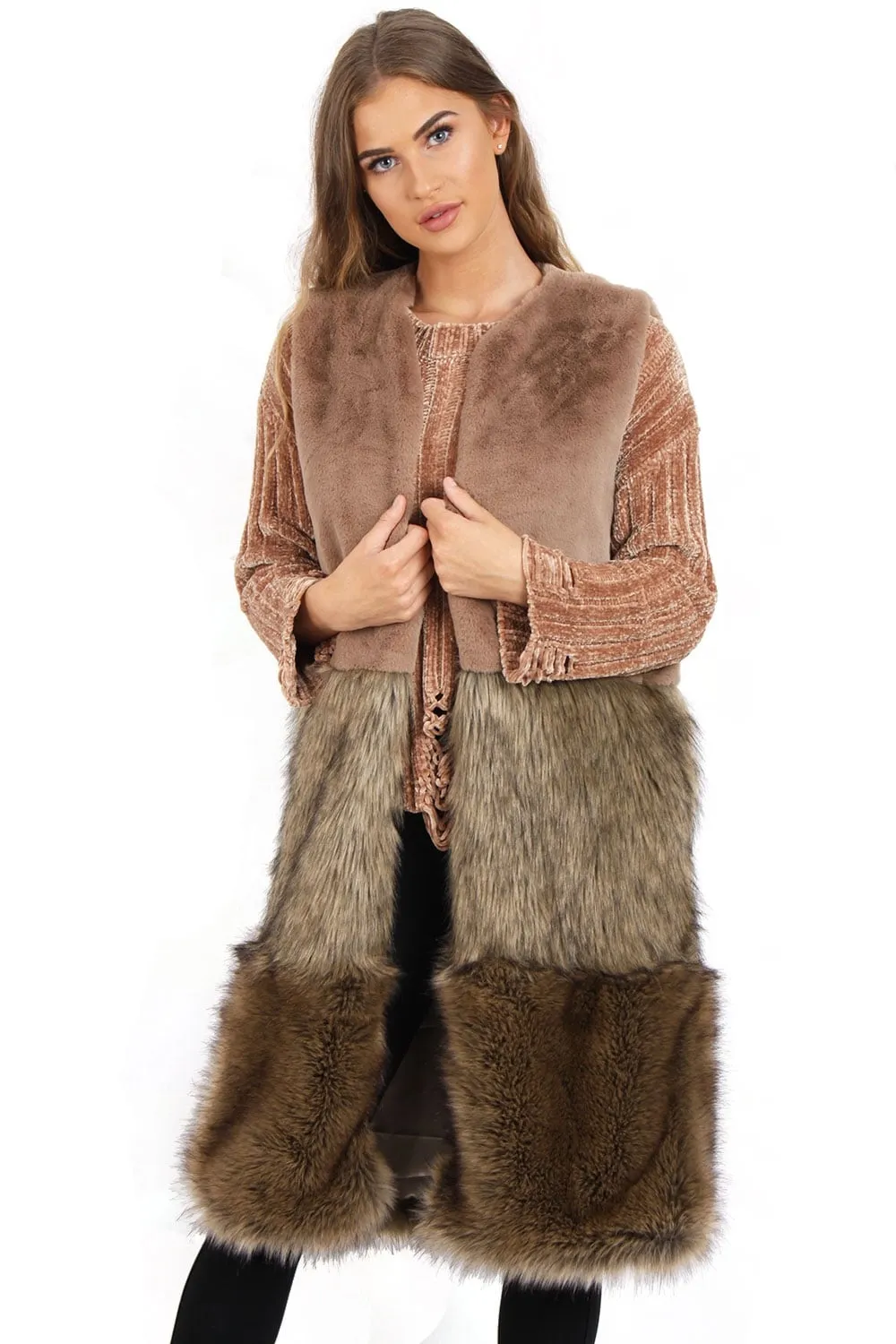 Camel Maxi Fleece Faux Fur Gilet