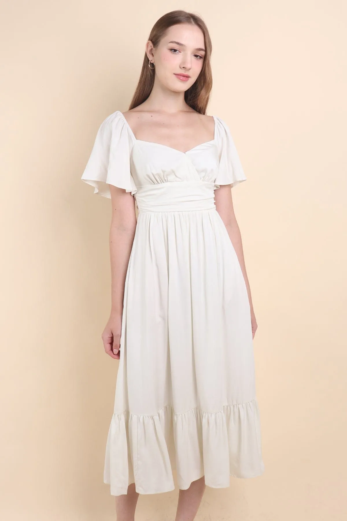 CECE FLUTTERS MAXI DRESS IN CREAM WHITE