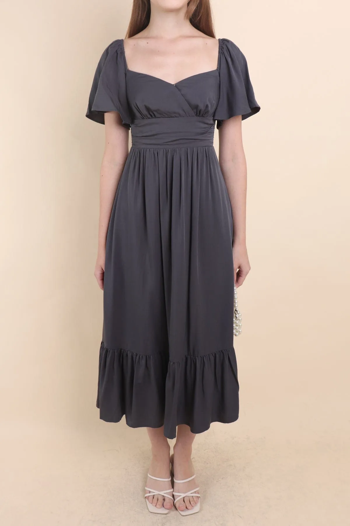 CECE FLUTTERS MAXI DRESS IN GUN GREY