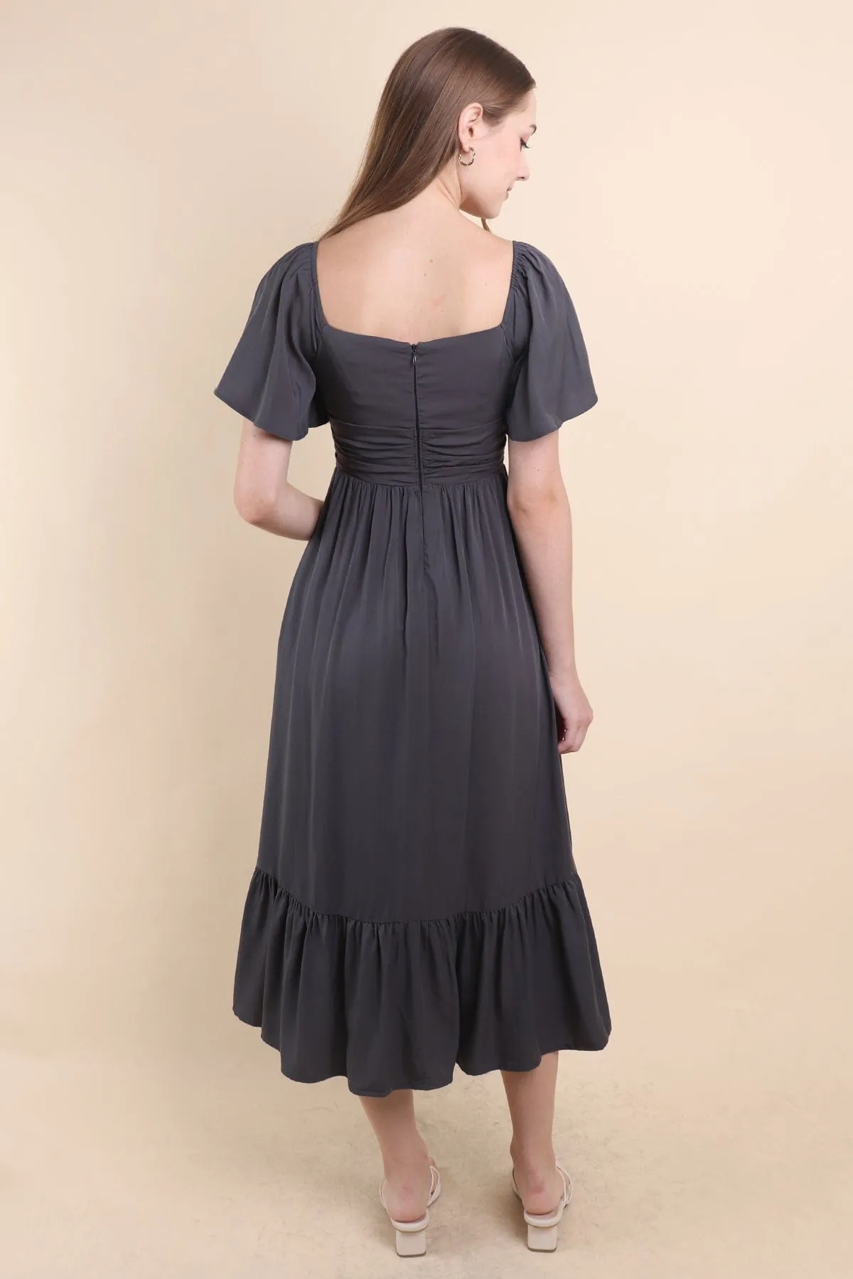 CECE FLUTTERS MAXI DRESS IN GUN GREY