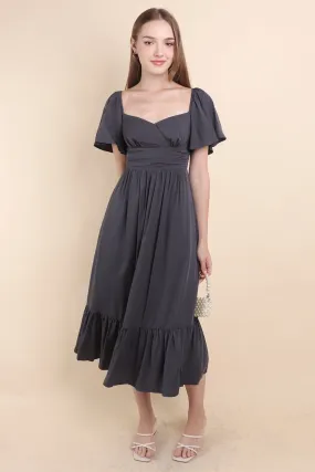 CECE FLUTTERS MAXI DRESS IN GUN GREY