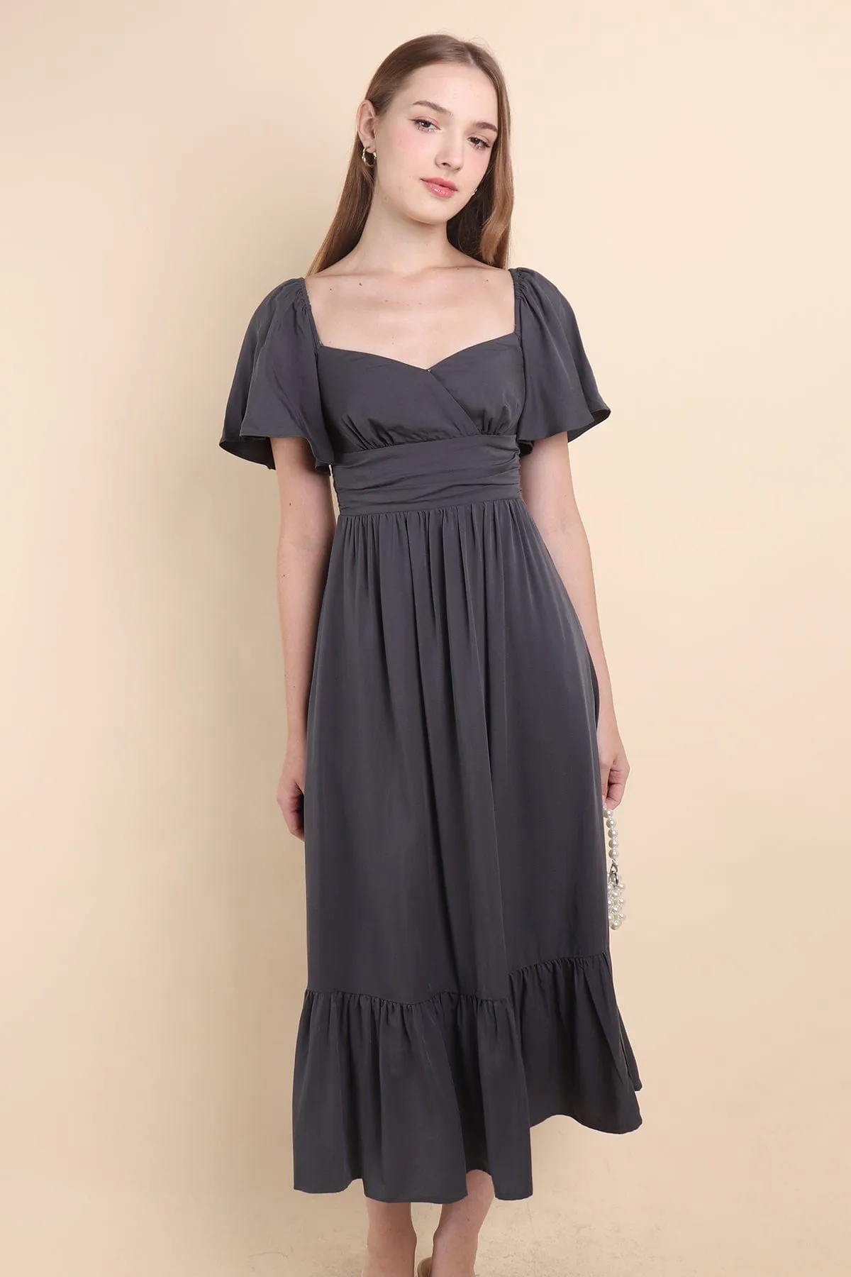 CECE FLUTTERS MAXI DRESS IN GUN GREY