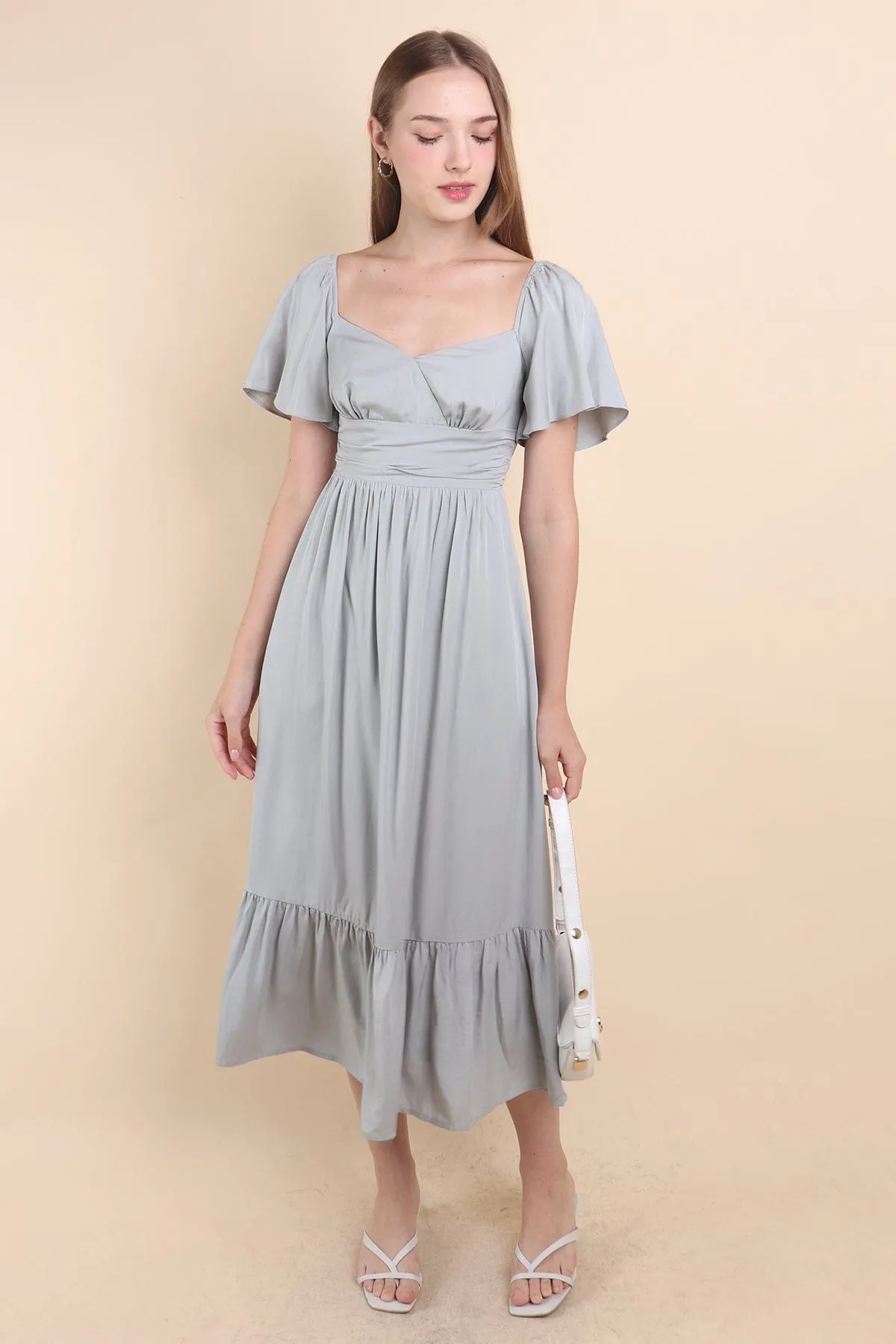 CECE FLUTTERS MAXI DRESS IN SAGE BLUE