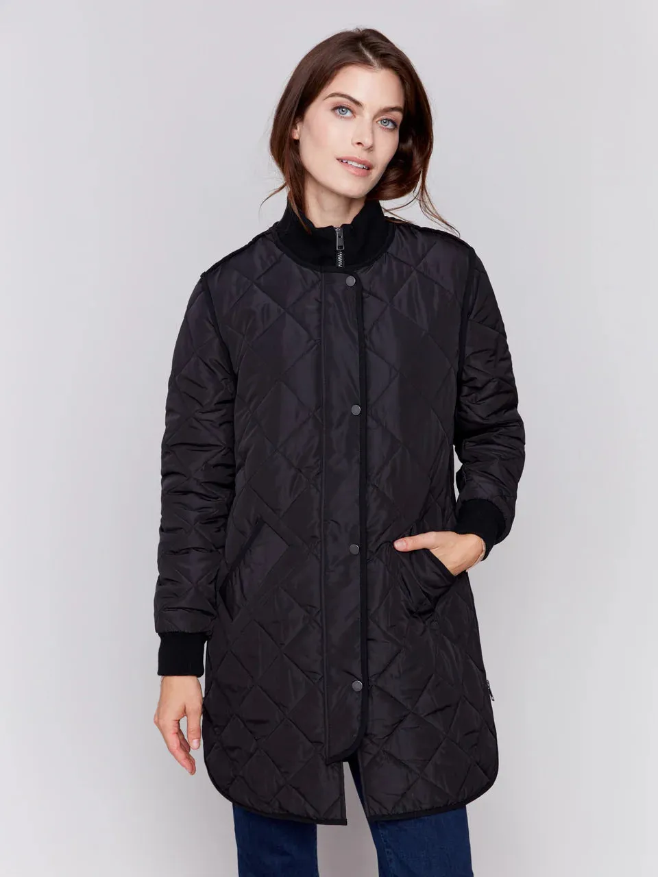 CHARLIE B LONG QUILTED BLACK PUFFER JACKET