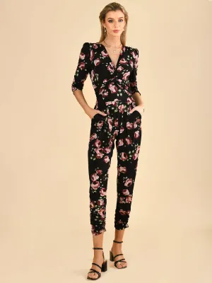 Cheryl Floral Print Jersey Jumpsuit, Black Floral