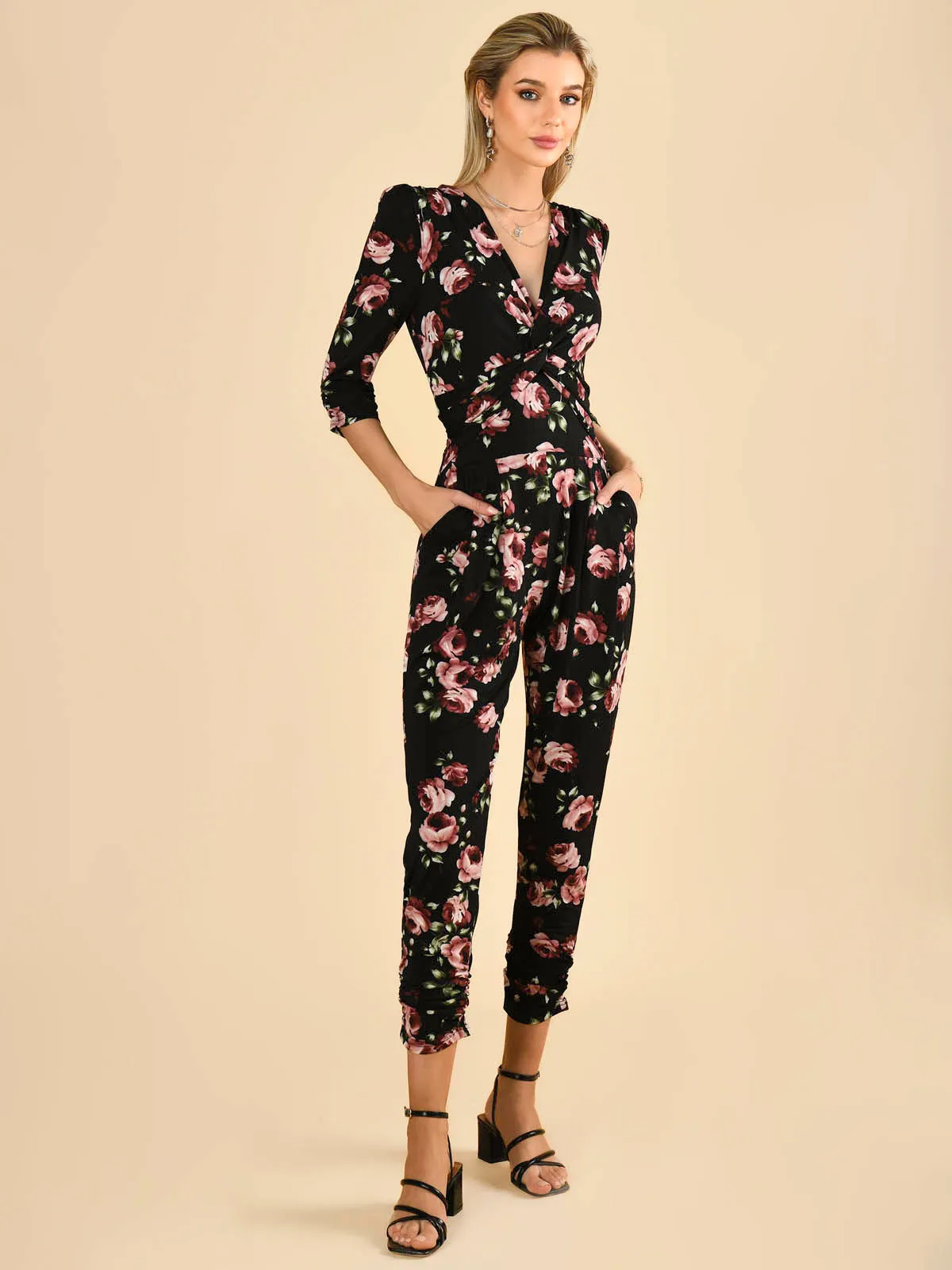 Cheryl Floral Print Jersey Jumpsuit, Black Floral