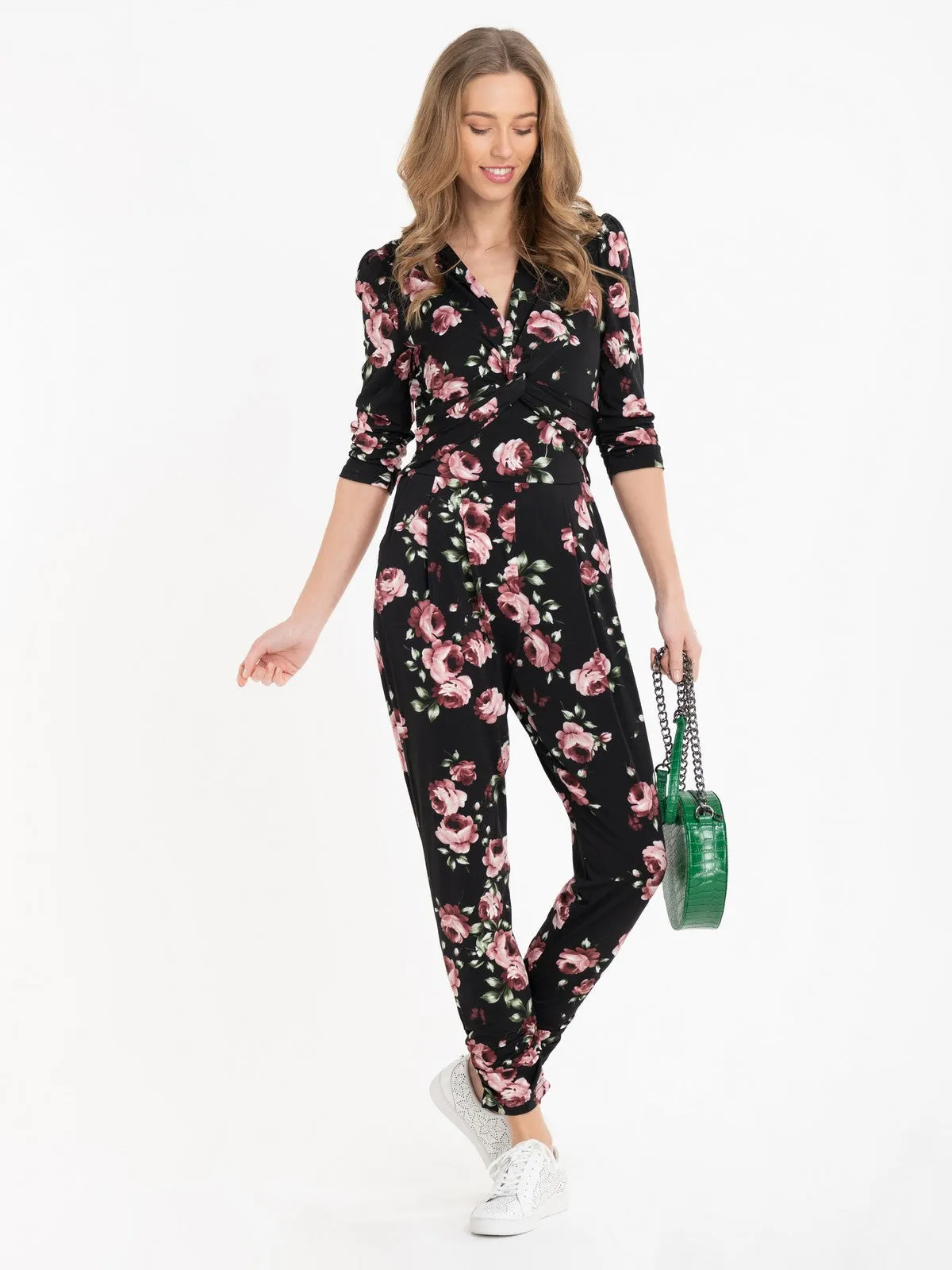 Cheryl Floral Print Jersey Jumpsuit, Black Floral