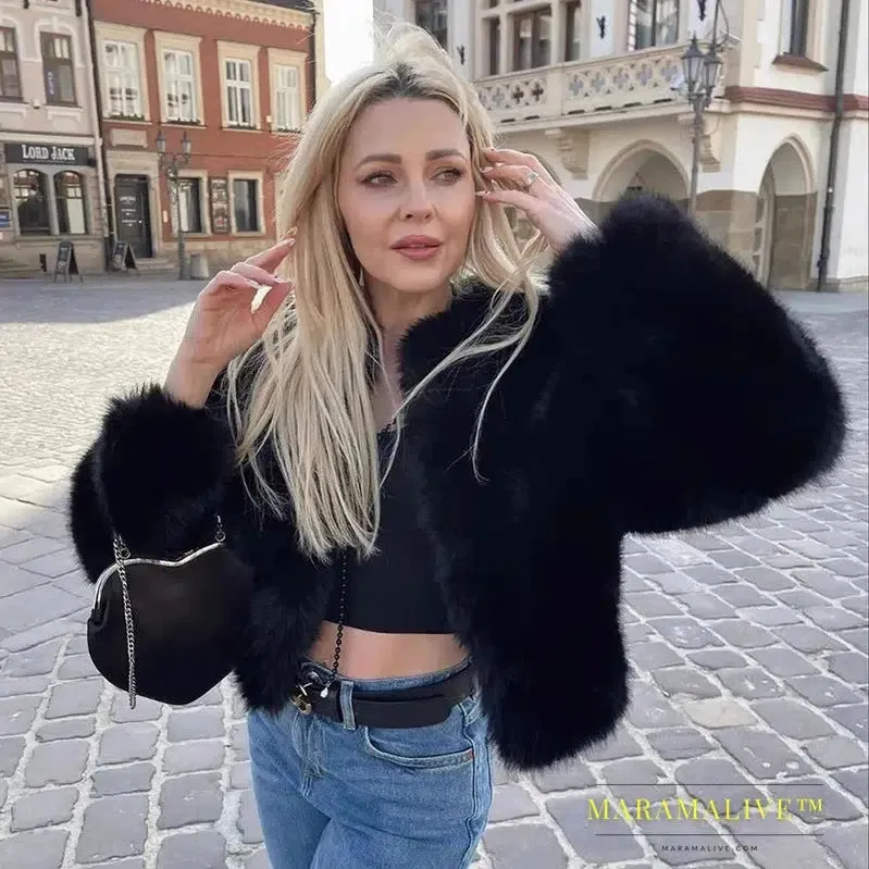 Chic Street Blogger Fashion Girls 2023 Winter Trendy Faux Raccoon Fox Fur Coat Jacket Women Thick Warm Cropped Fluffy Overcoats