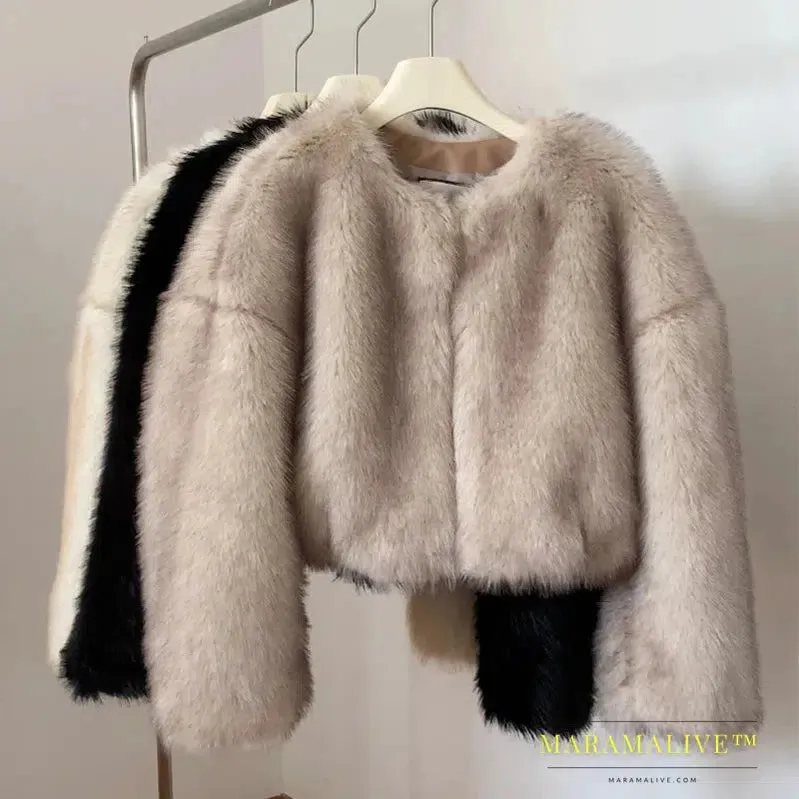 Chic Street Blogger Fashion Girls 2023 Winter Trendy Faux Raccoon Fox Fur Coat Jacket Women Thick Warm Cropped Fluffy Overcoats