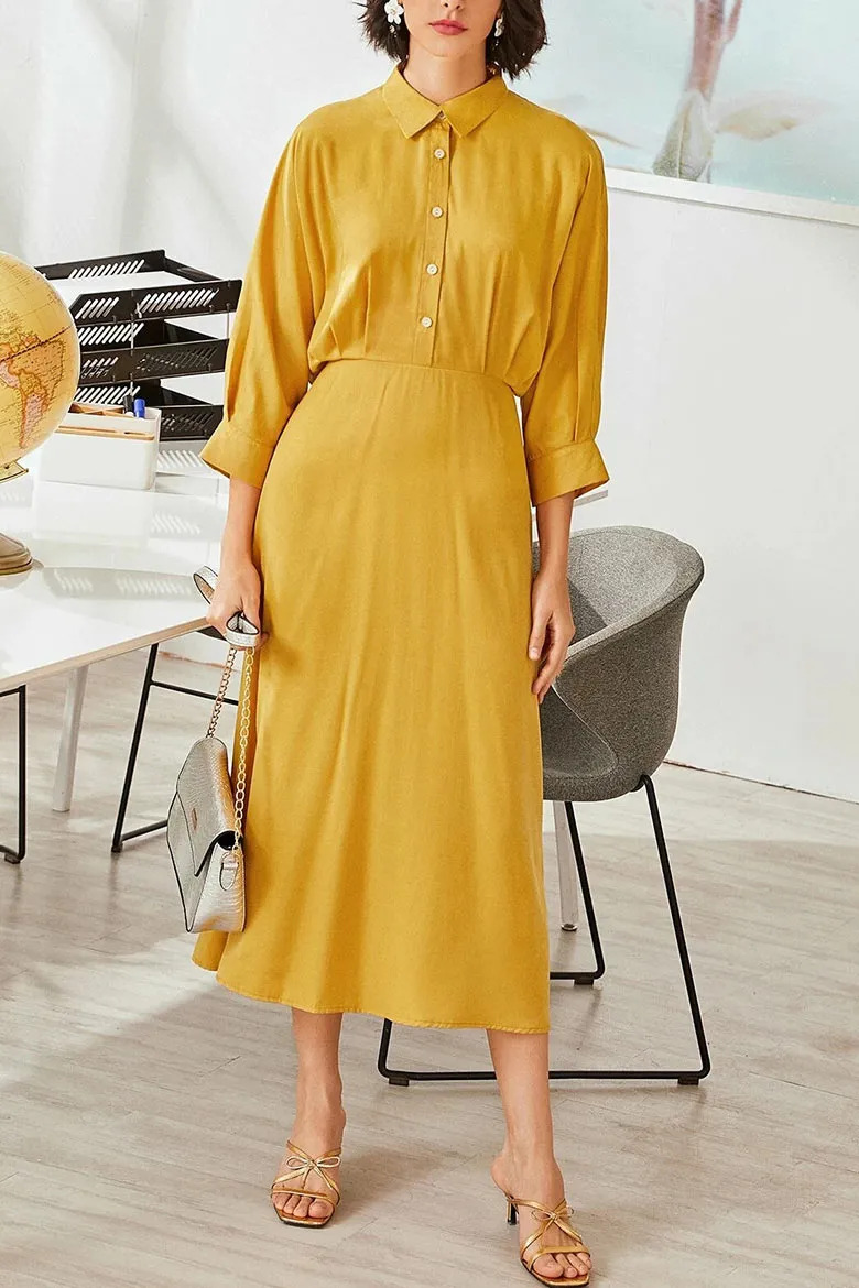 Chic Yellow Buttoned Midi Shirt Dress