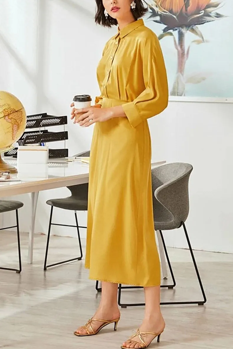 Chic Yellow Buttoned Midi Shirt Dress