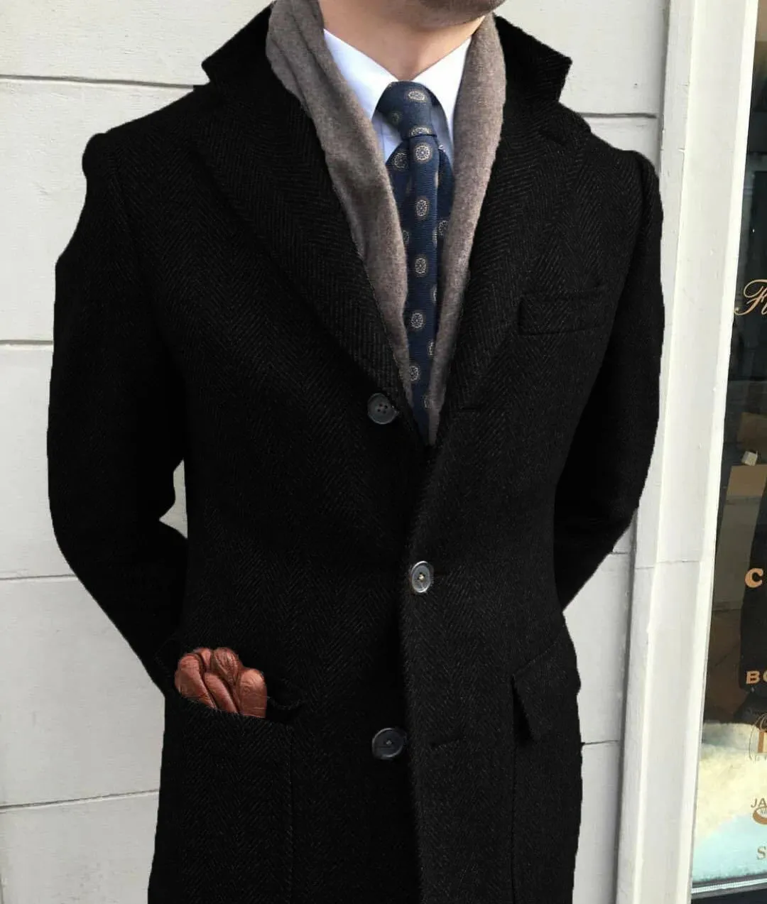 Classic Herringbone Tweed Wool Coat