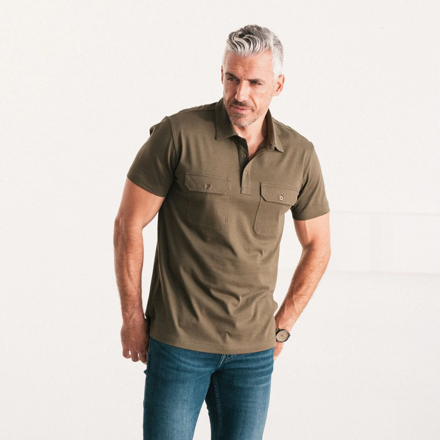 Constructor Short Sleeve Polo Shirt –  Olive Green Cotton Jersey