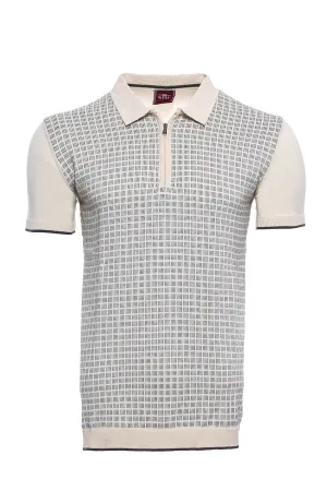 Cream Plaid Zippered Polo Knitted T-Shirt | Wessi