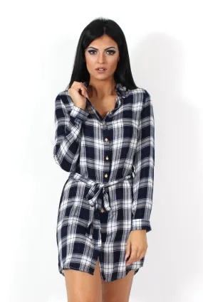 Darla Navy And White Checked Shirt Dress