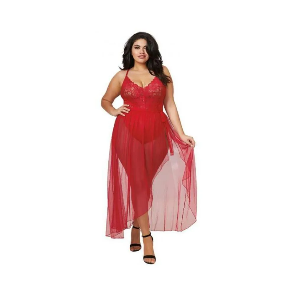 Dreamgirl Plus-size Stretch Lace Teddy & Sheer Mesh Maxi Skirt With Adjustable Straps & G-string Rou