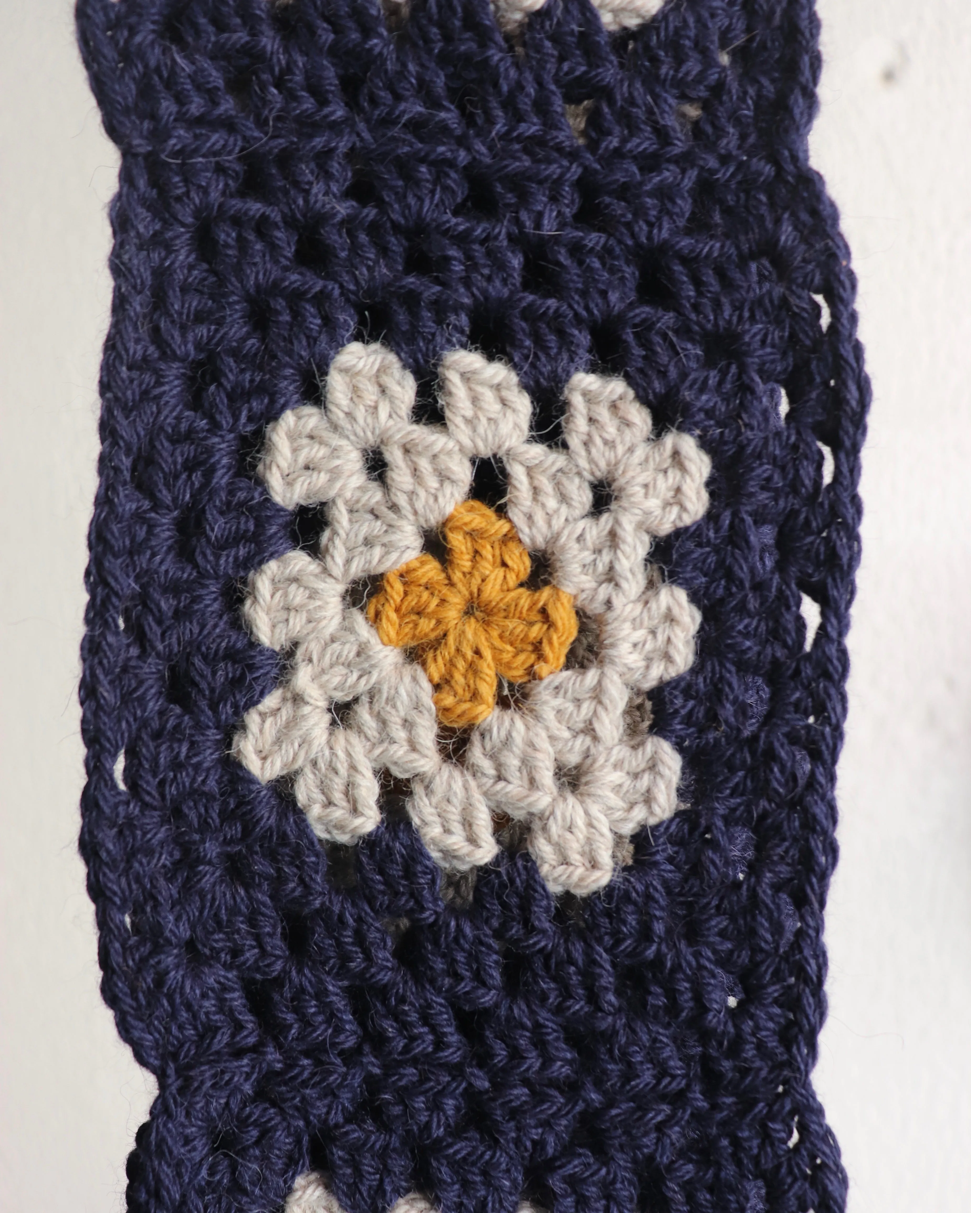 EARLYMADE Hand-knitted Granny Squares Scarf — NAVY/STONE/YELLOW — UNIQUE — LAST PIECE