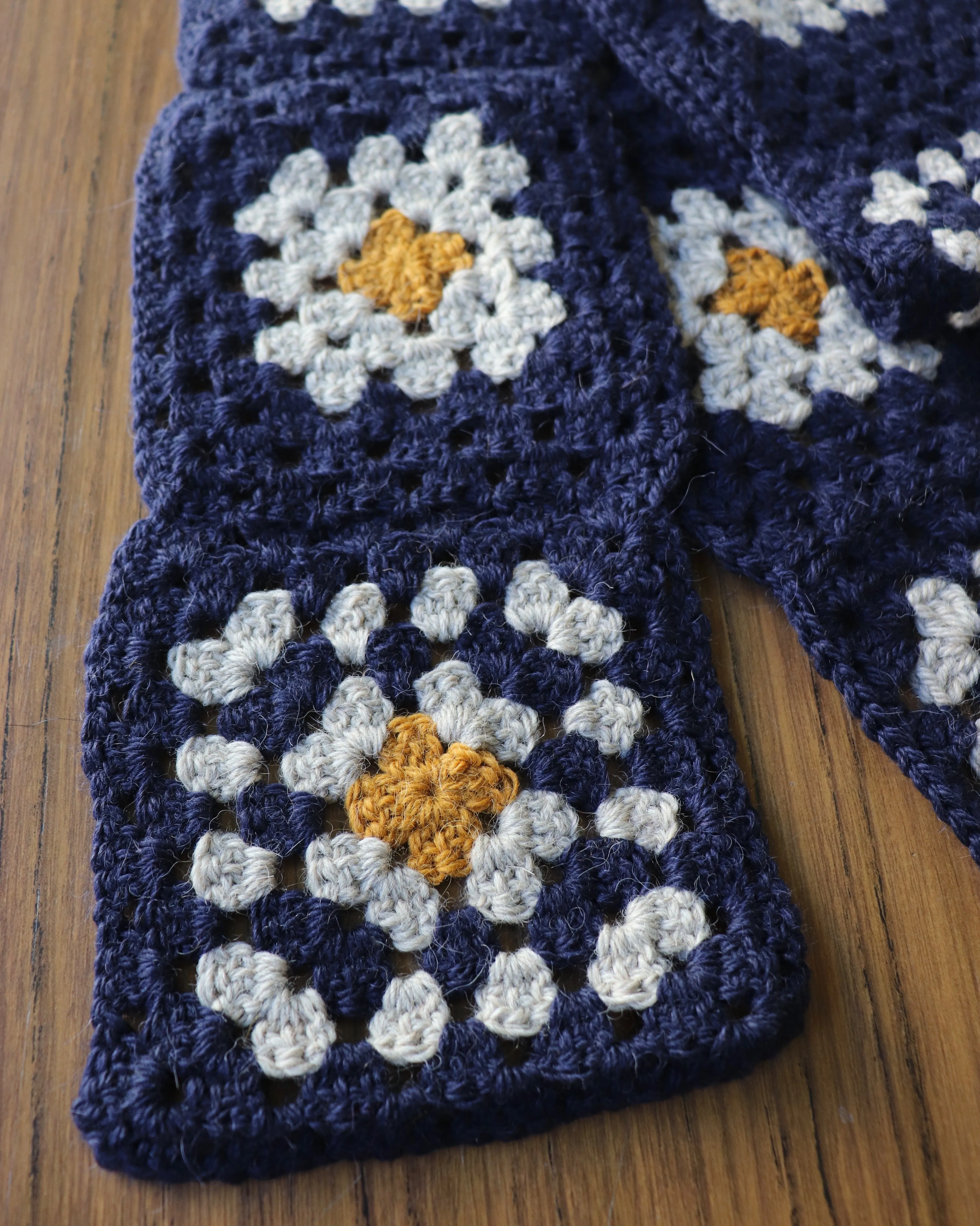 EARLYMADE Hand-knitted Granny Squares Scarf — NAVY/STONE/YELLOW — UNIQUE — LAST PIECE