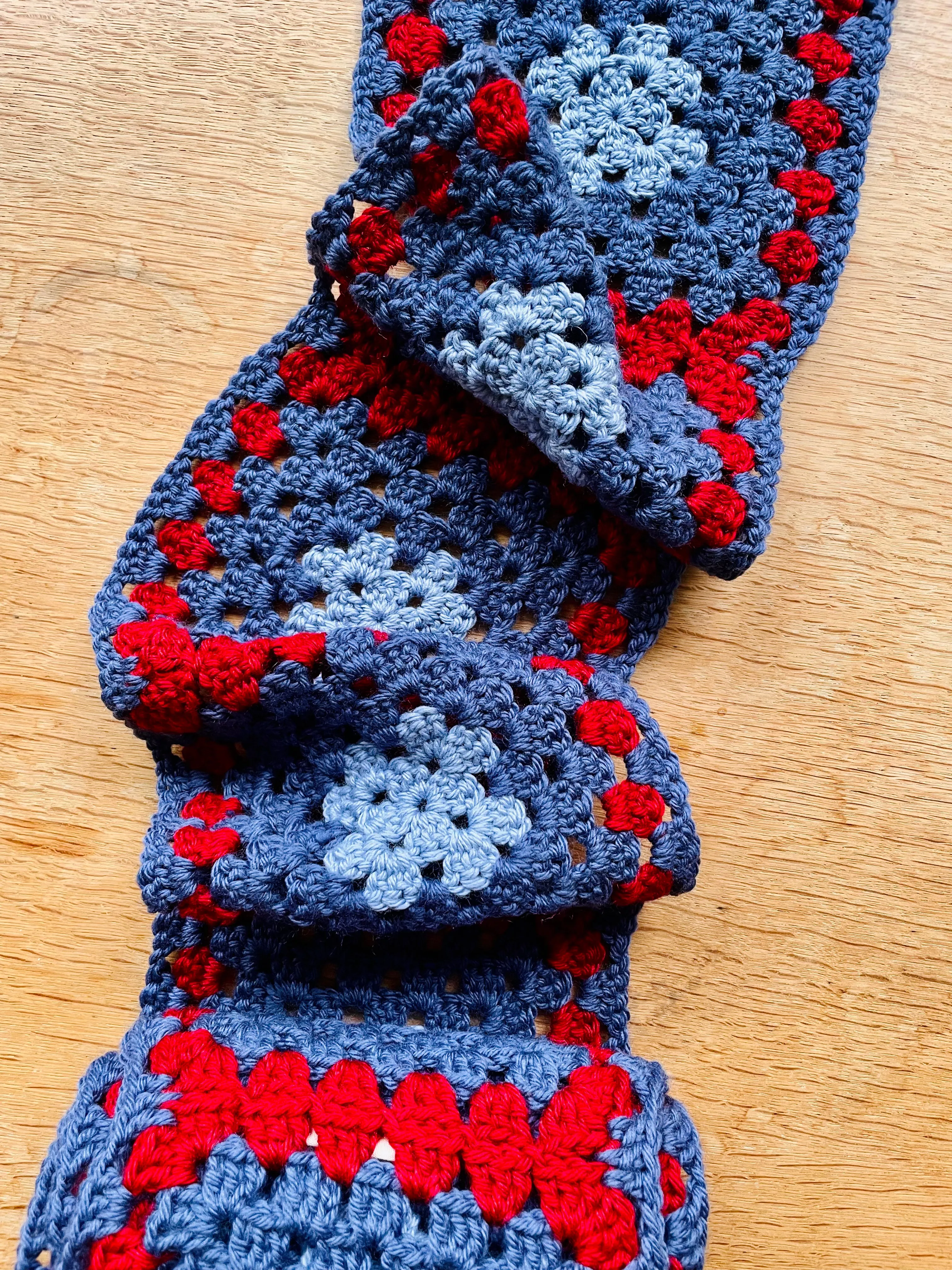 EARLYMADE Hand-knitted Granny Squares Scarf — SKY BLUE / RED / BLUE — UNIQUE — LAST PIECE