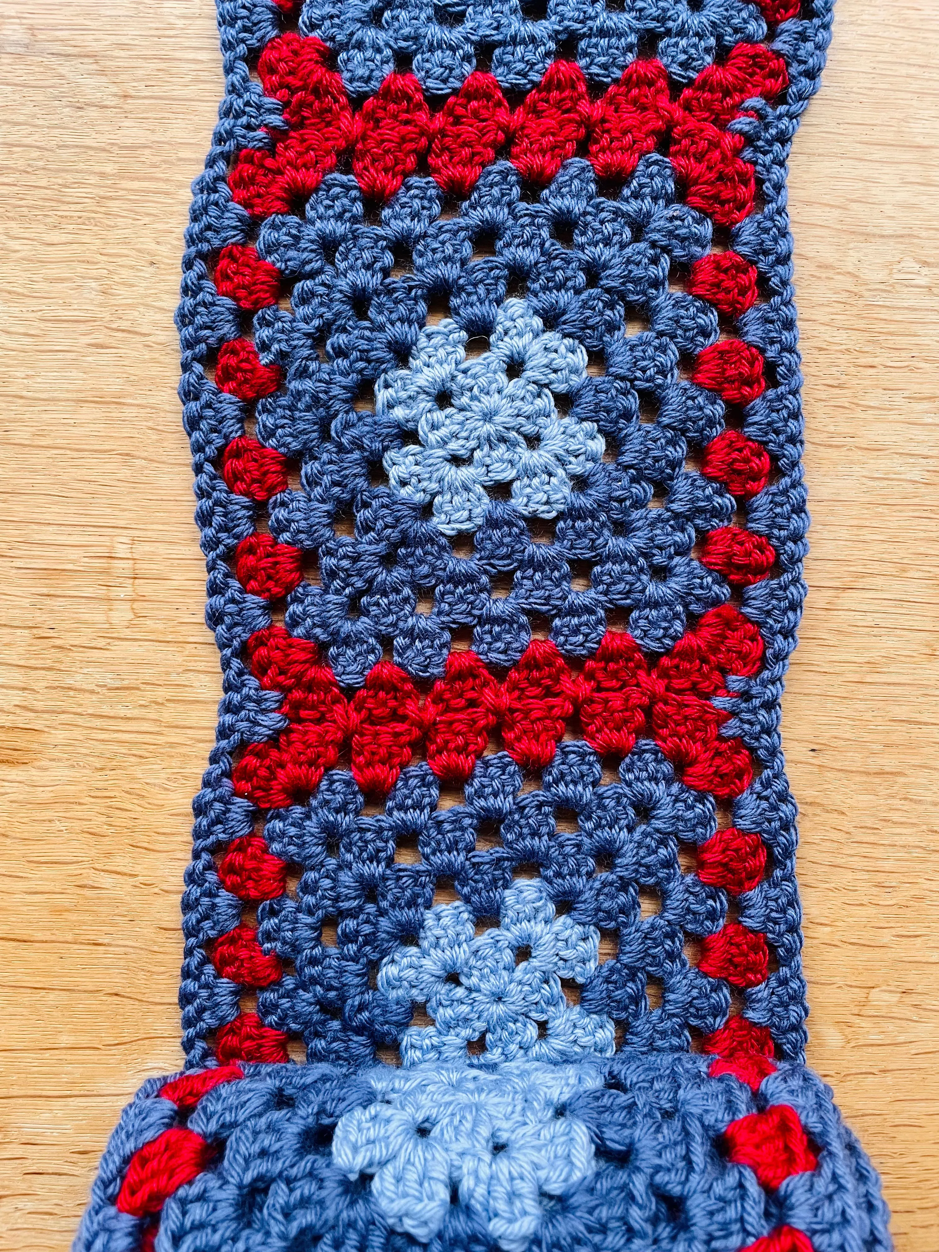 EARLYMADE Hand-knitted Granny Squares Scarf — SKY BLUE / RED / BLUE — UNIQUE — LAST PIECE