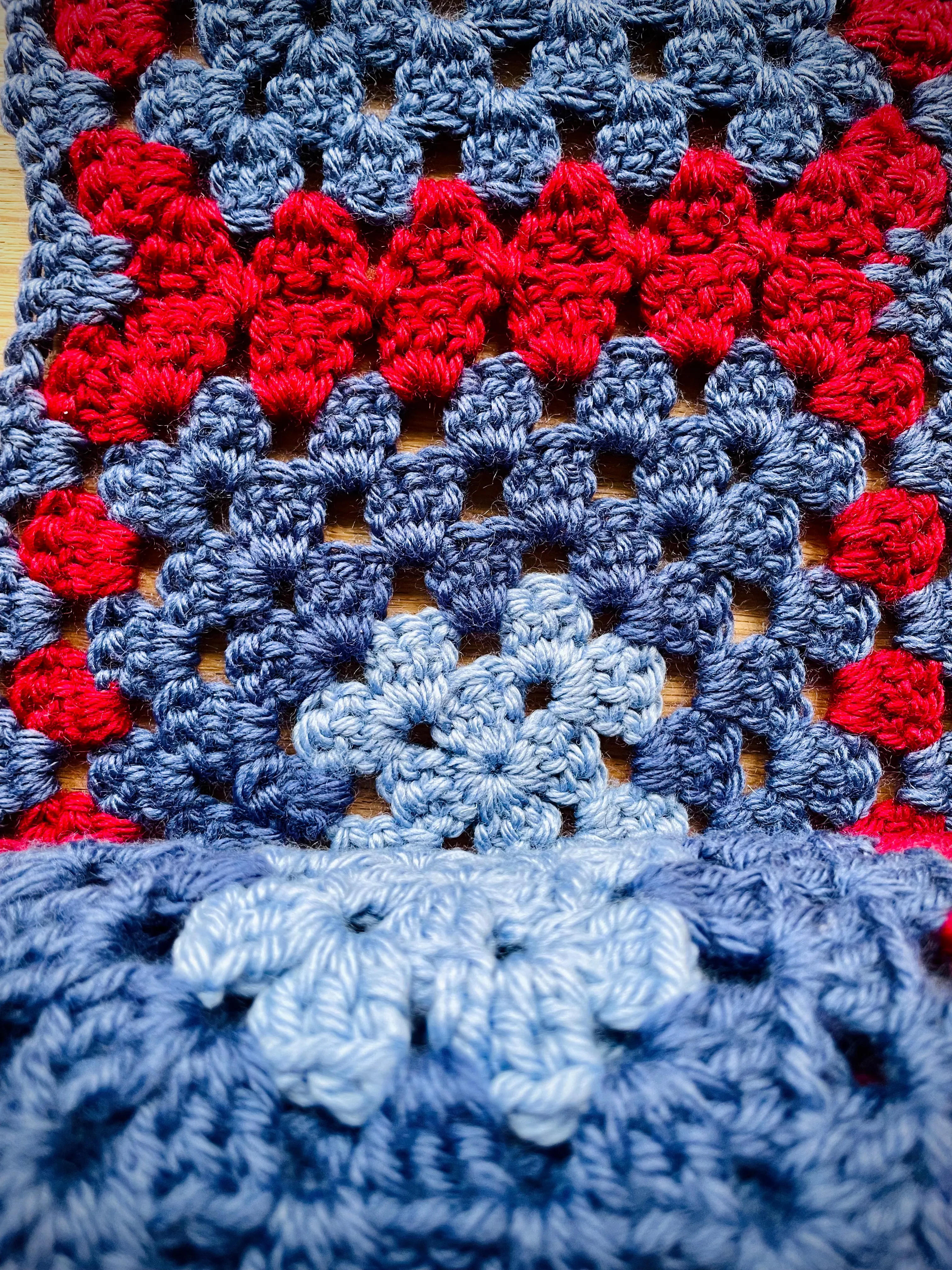 EARLYMADE Hand-knitted Granny Squares Scarf — SKY BLUE / RED / BLUE — UNIQUE — LAST PIECE