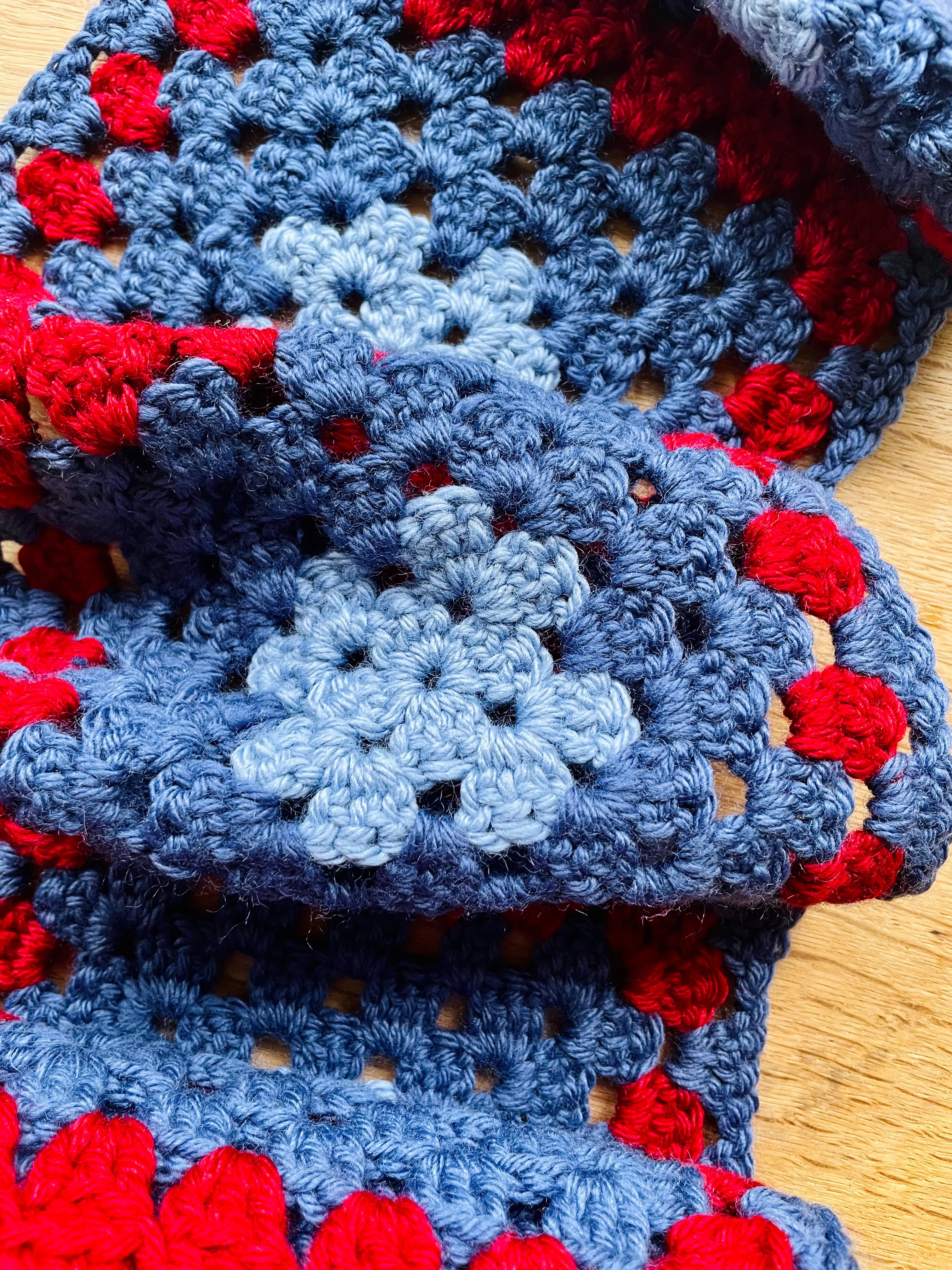 EARLYMADE Hand-knitted Granny Squares Scarf — SKY BLUE / RED / BLUE — UNIQUE — LAST PIECE