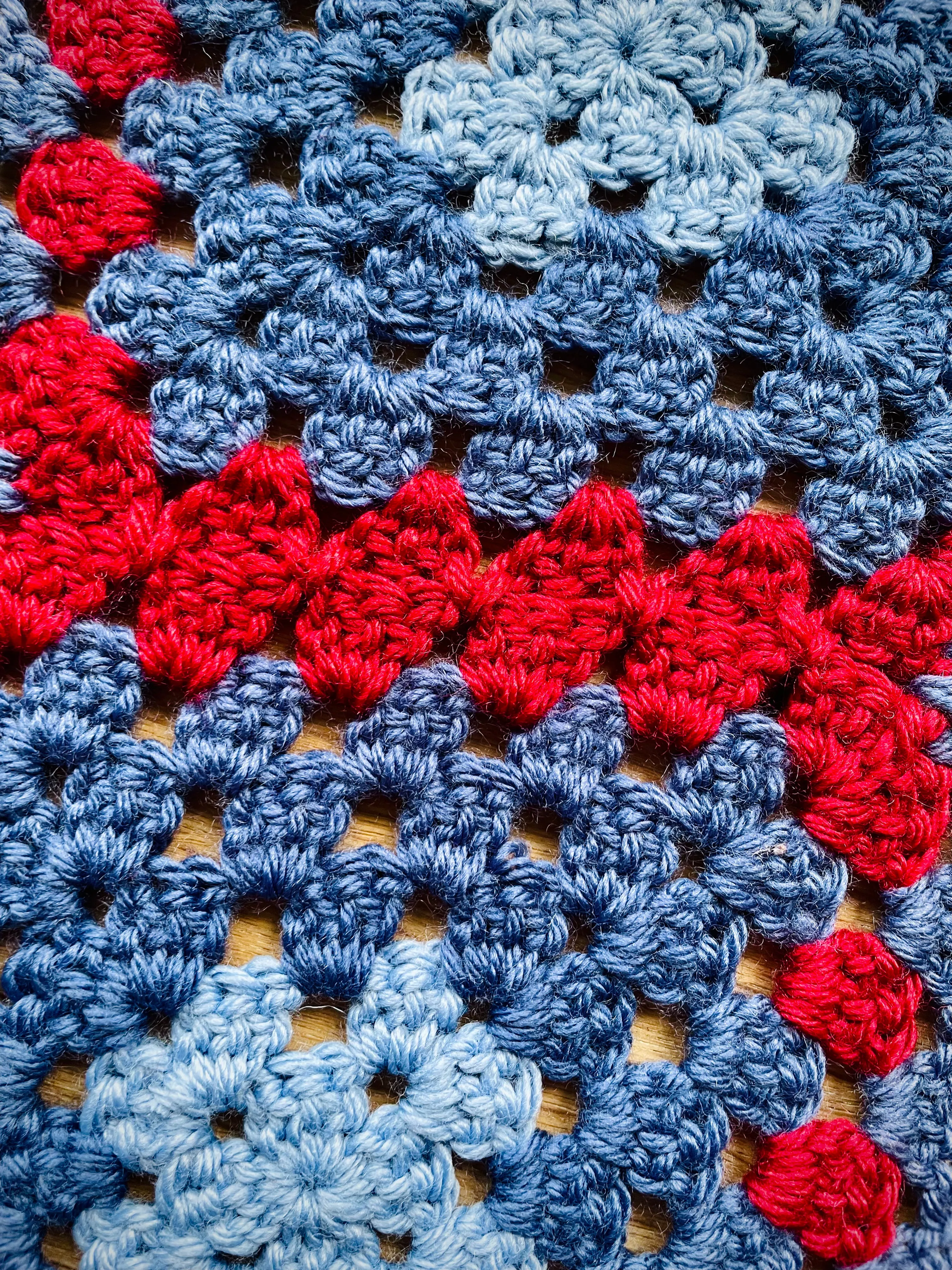 EARLYMADE Hand-knitted Granny Squares Scarf — SKY BLUE / RED / BLUE — UNIQUE — LAST PIECE