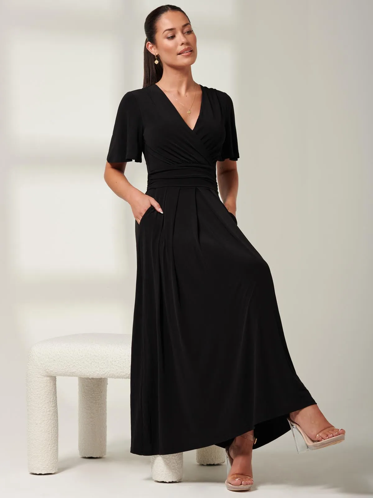 Eldoris Angel Sleeve Jersey Maxi Dress, Black