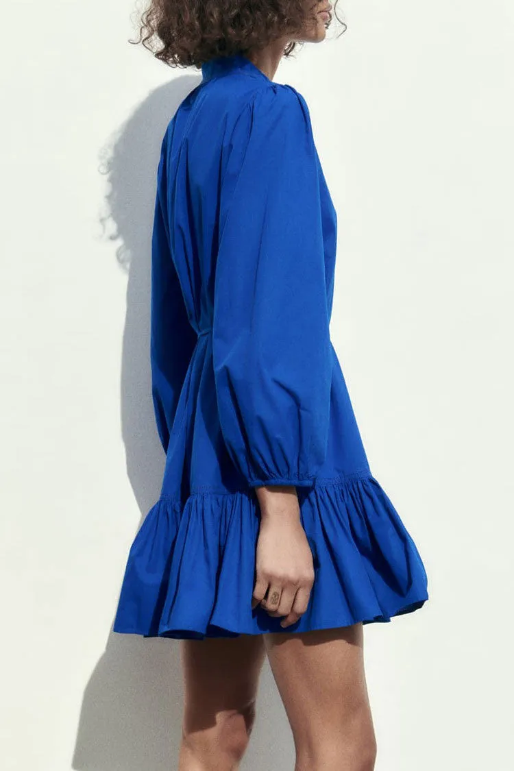 Elegant Button Down Bishop Sleeve A line Ruffle Shirt Mini Dress - Royal Blue