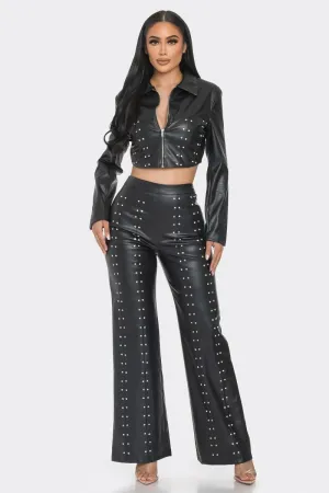 Faux Leather Outfit Set With Rhinestones - 2 colors