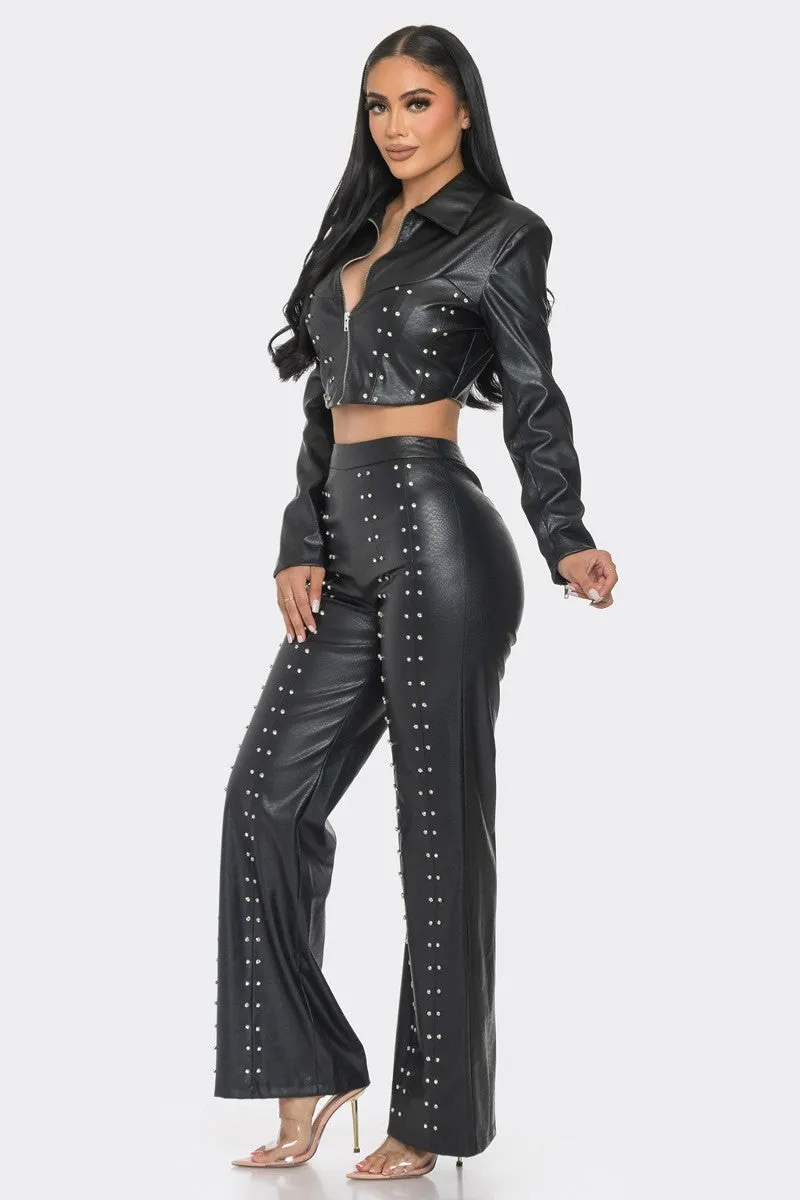 Faux Leather Outfit Set With Rhinestones - 2 colors