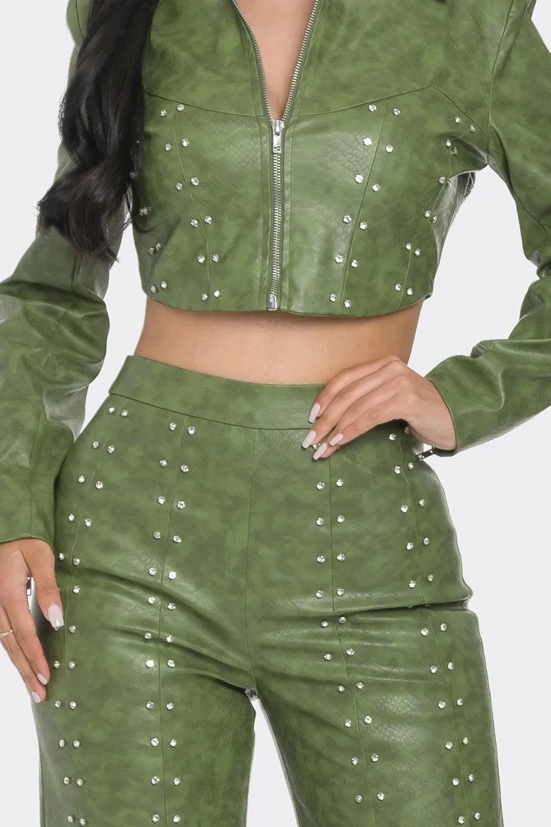 Faux Leather Outfit Set With Rhinestones - 2 colors