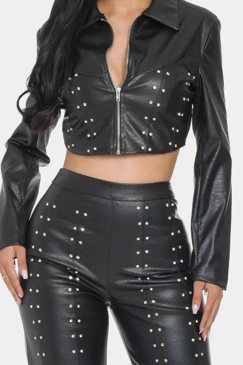 Faux Leather Outfit Set With Rhinestones - 2 colors