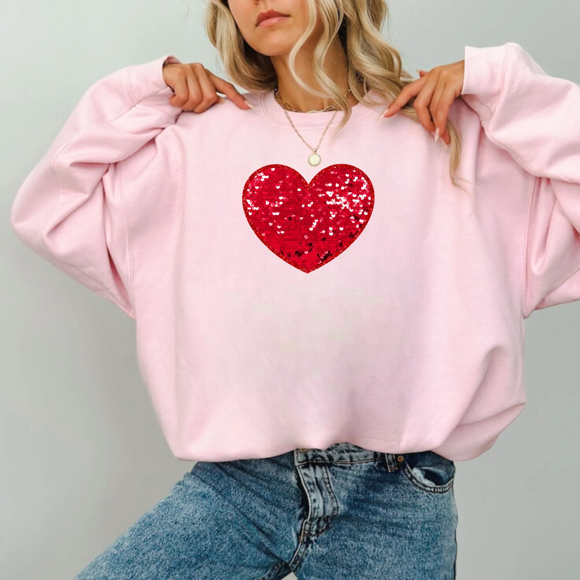 Faux Sequin Red Heart Valentine's Day Sweatshirt