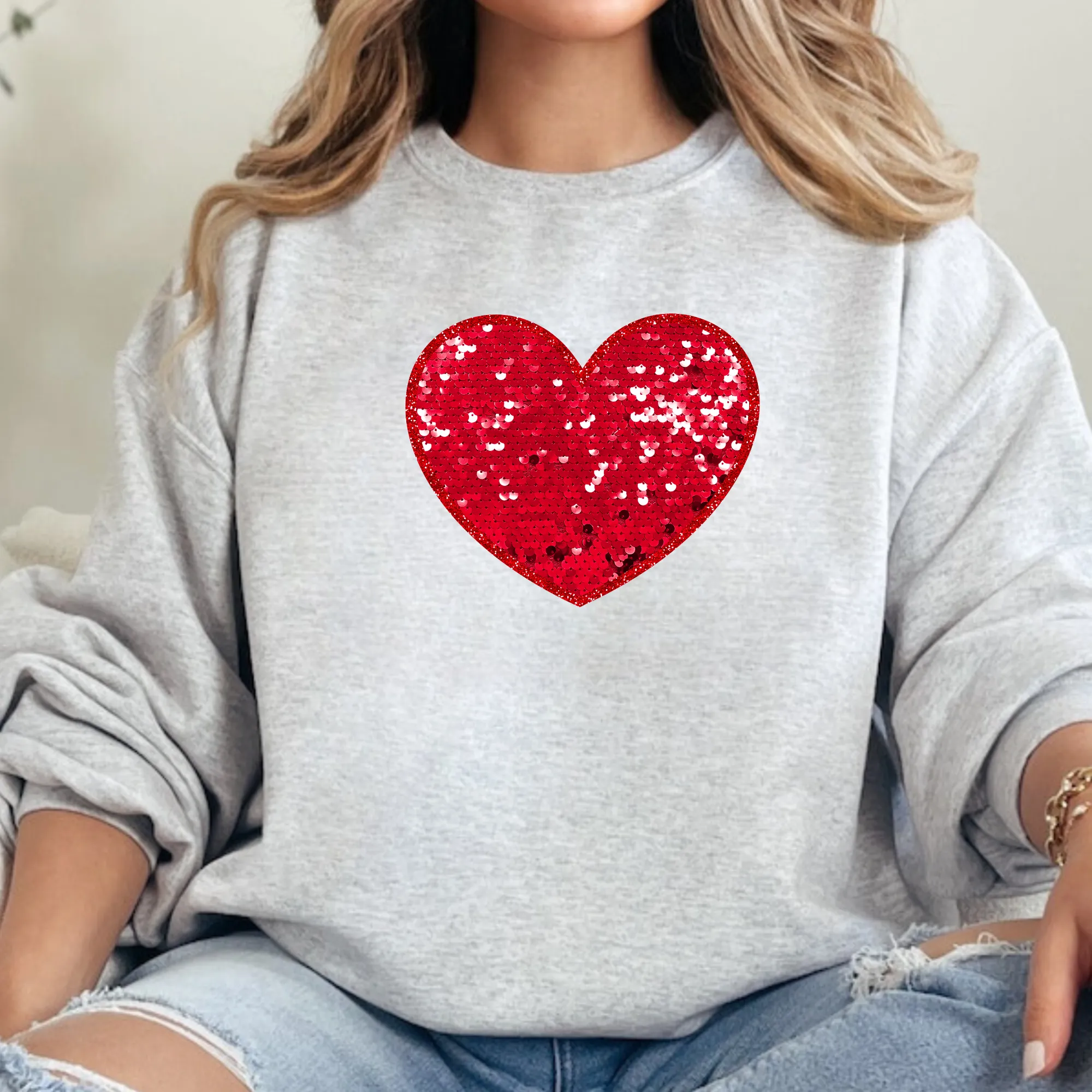 Faux Sequin Red Heart Valentine's Day Sweatshirt