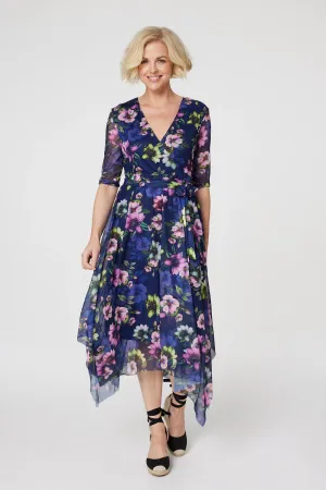 Floral Hanky Hem Mesh Midi Dress