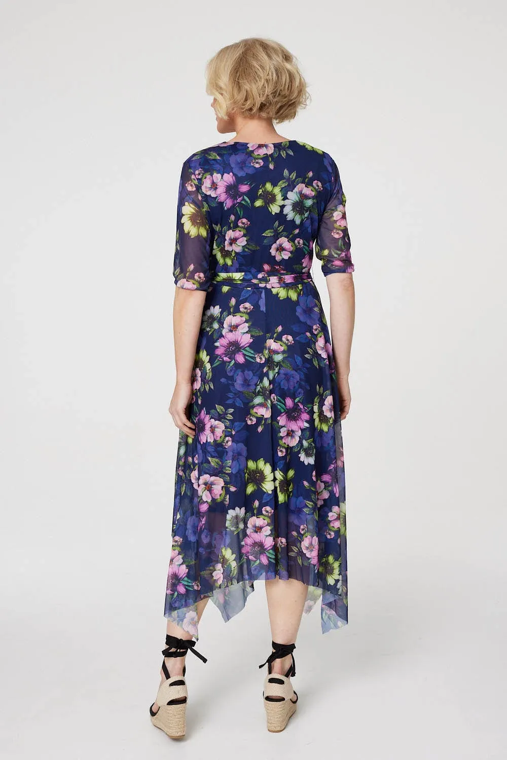 Floral Hanky Hem Mesh Midi Dress