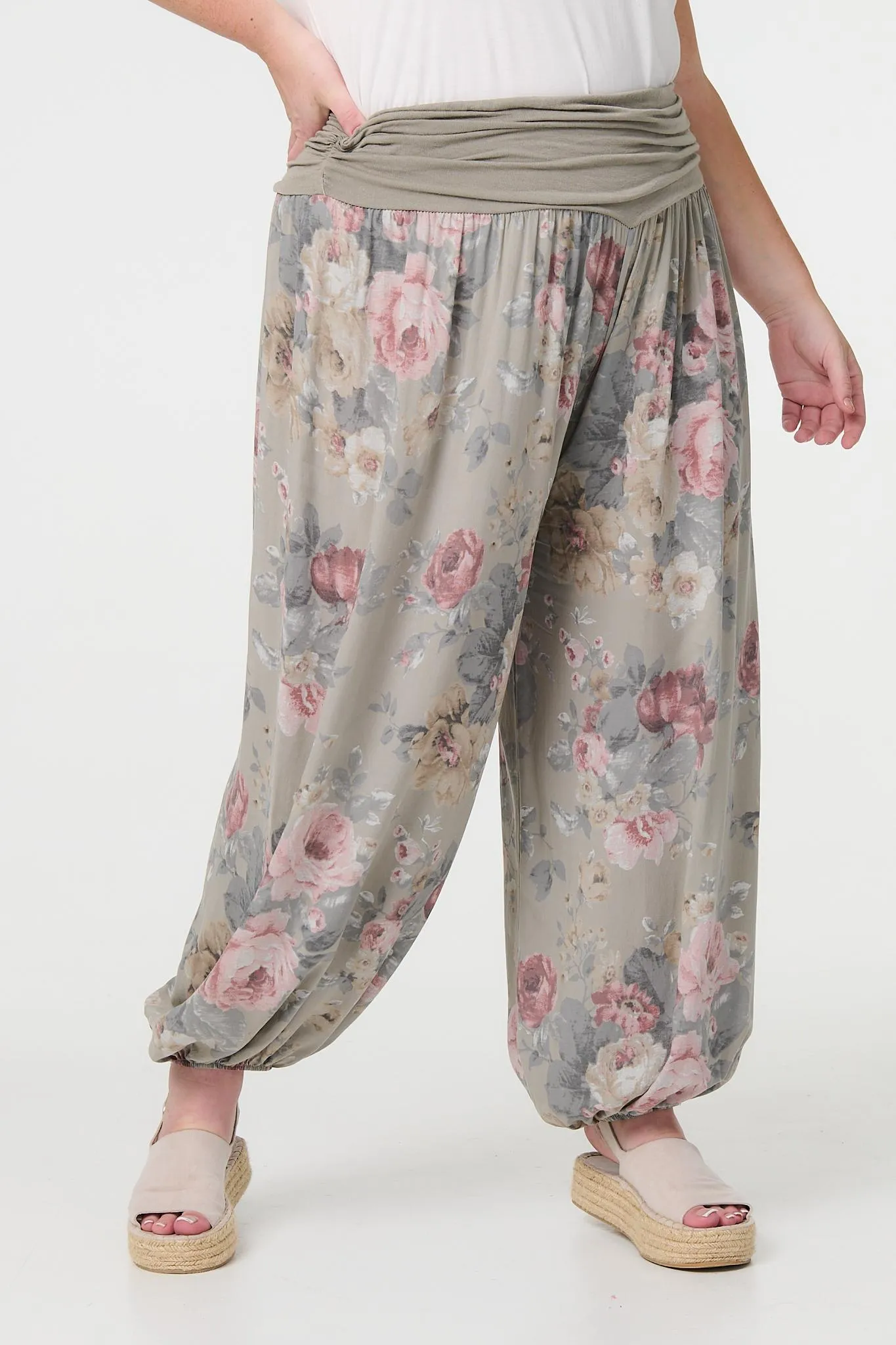 Floral Ruched Waist Harem Trousers