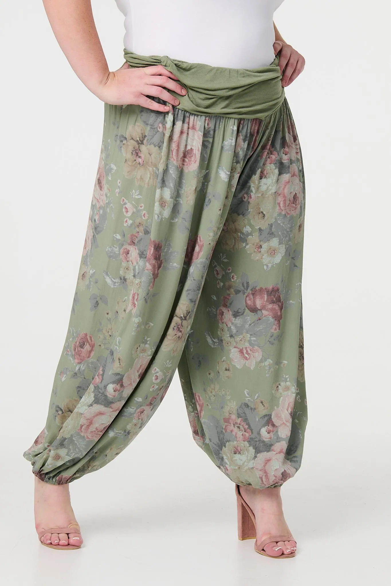 Floral Ruched Waist Harem Trousers