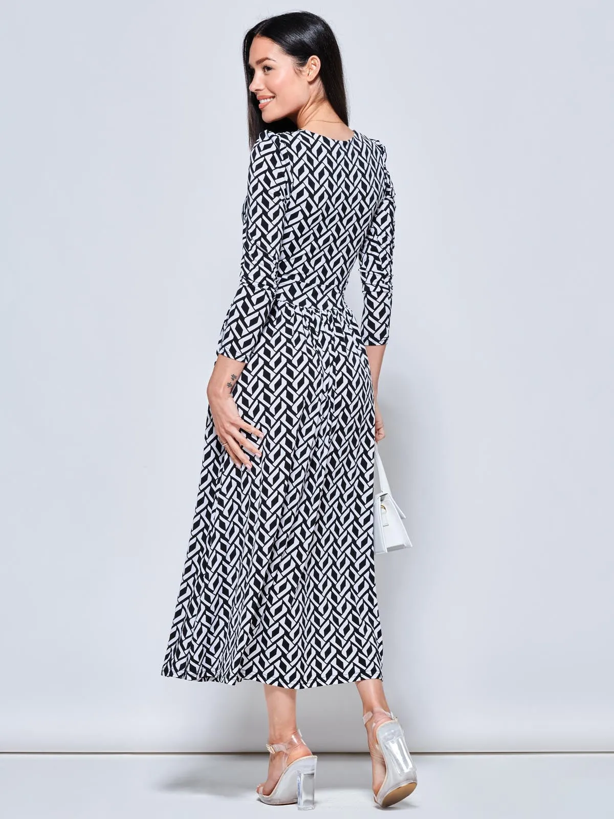 Geometric Print Long Sleeve Maxi Dress, Black Geo