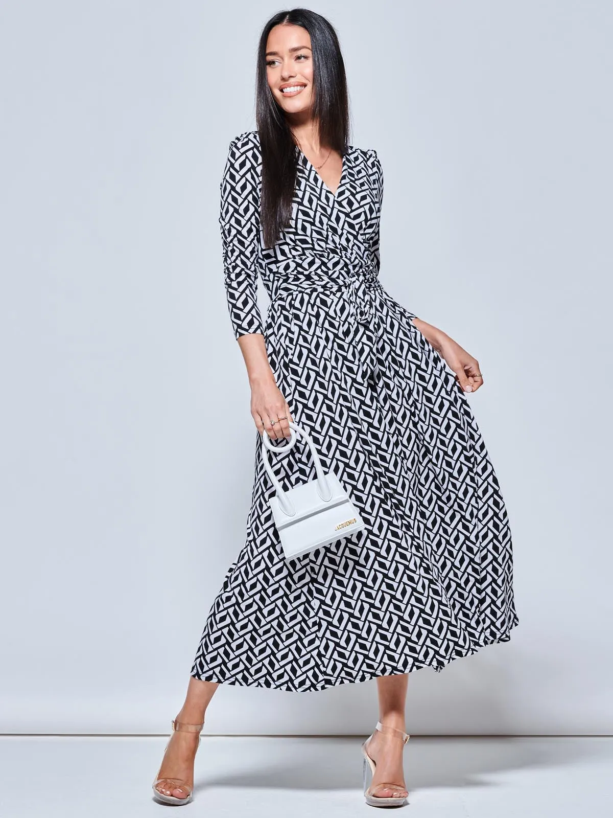 Geometric Print Long Sleeve Maxi Dress, Black Geo