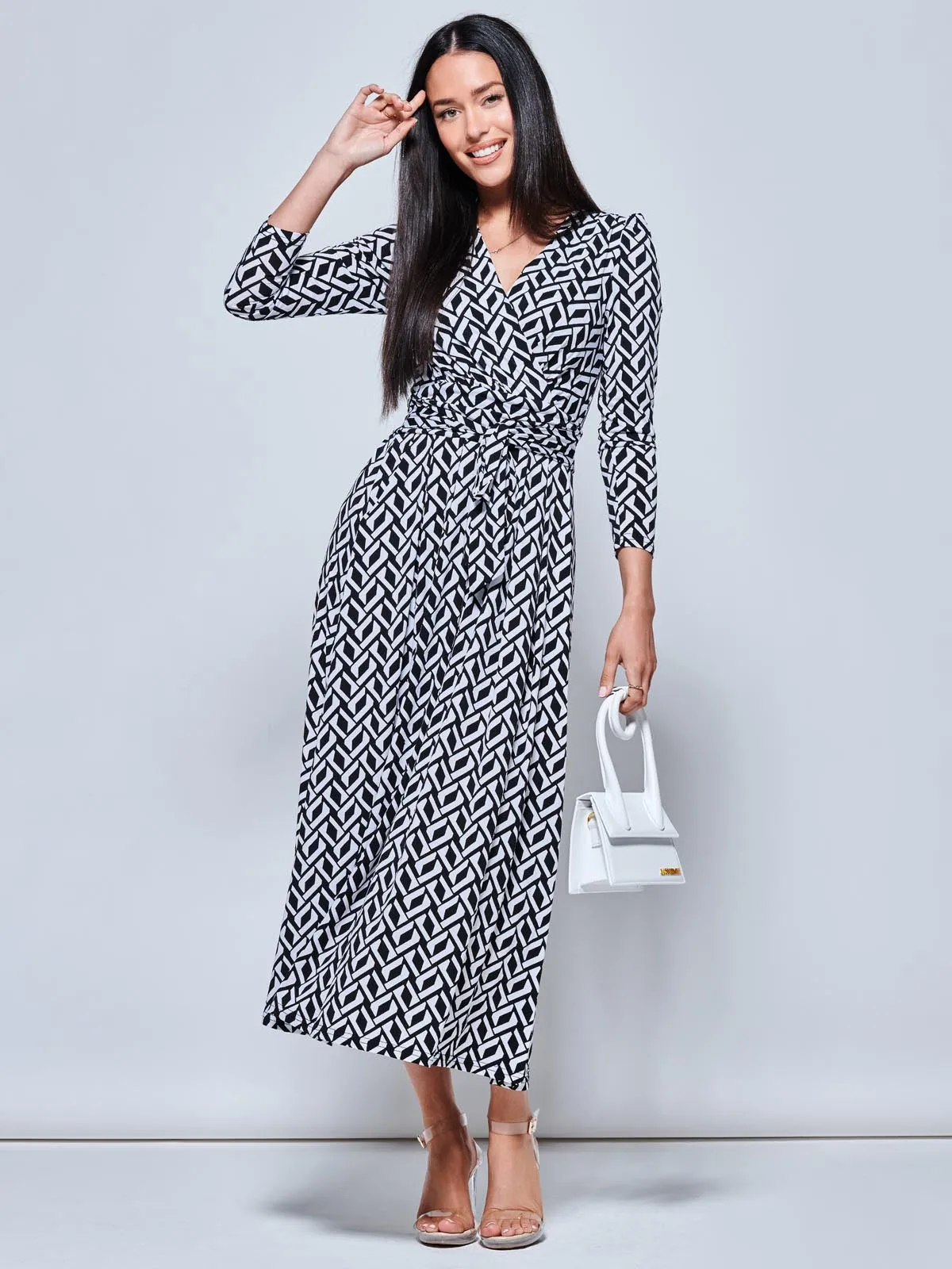 Geometric Print Long Sleeve Maxi Dress, Black Geo