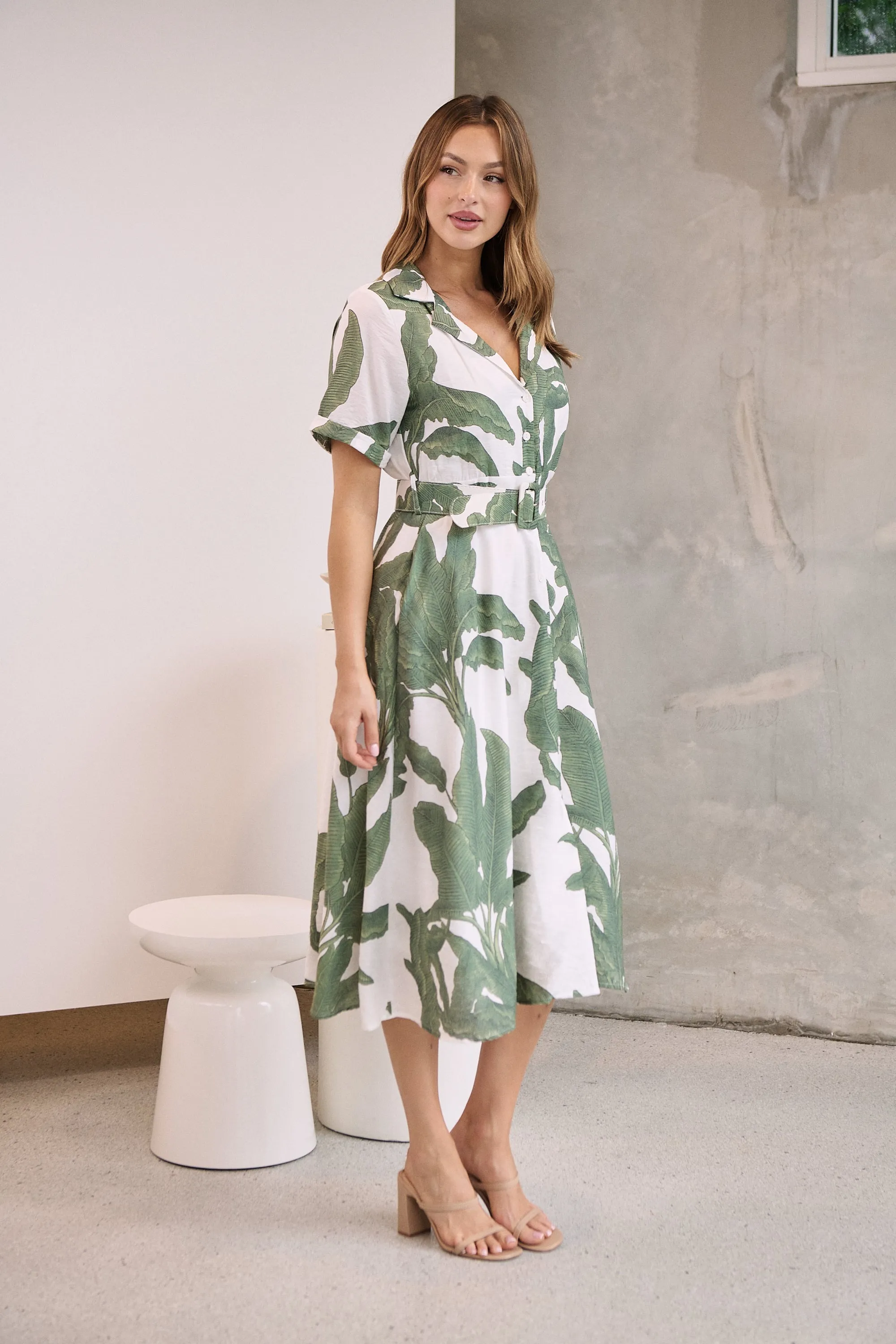 Gianna Leaf Green/White Palm Print Button Front Belted Midi Dress