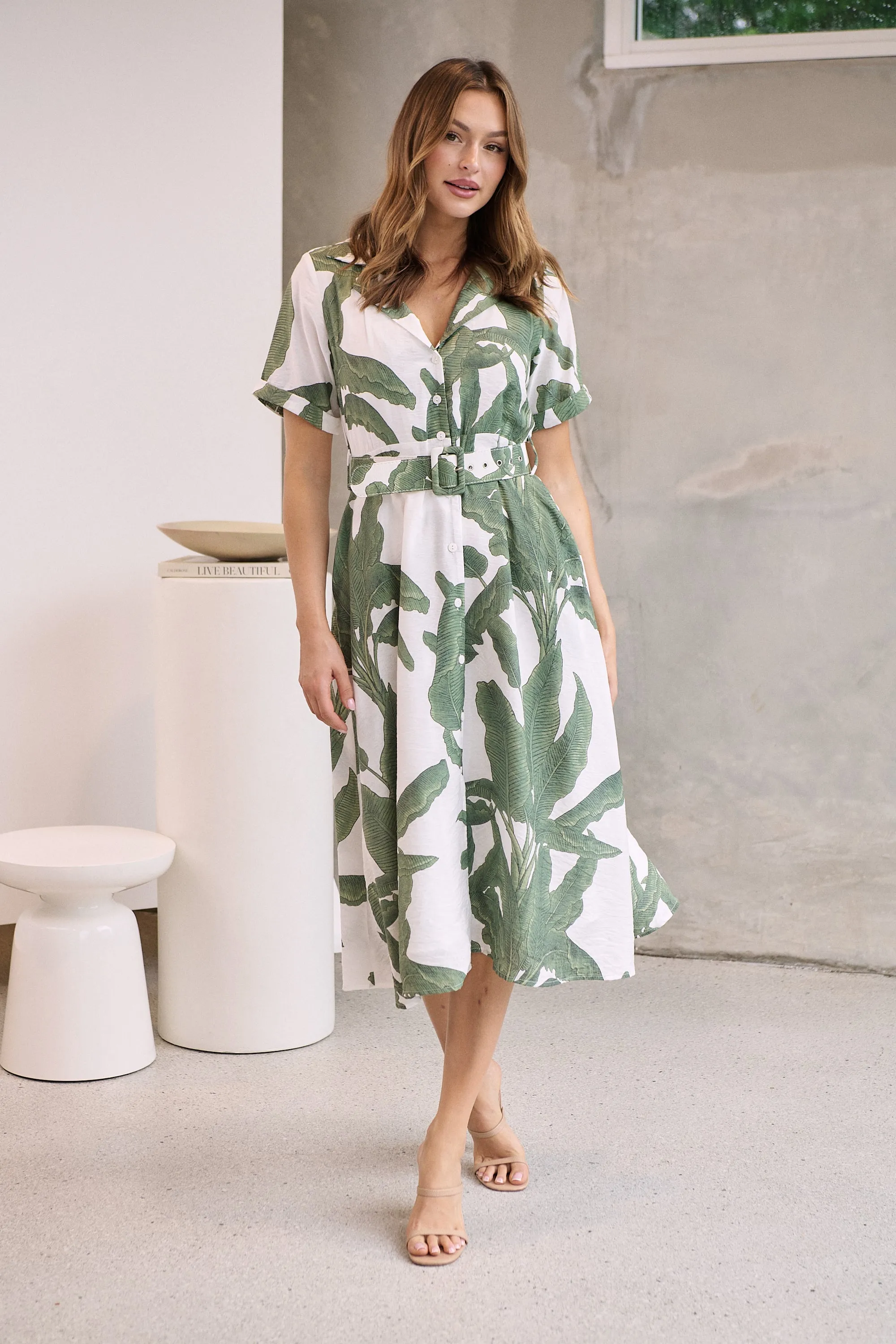 Gianna Leaf Green/White Palm Print Button Front Belted Midi Dress